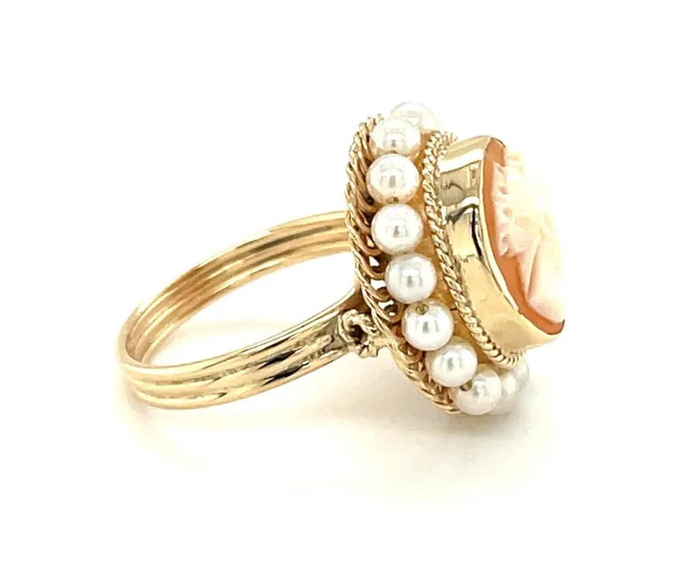Hand Carved Italian Shell Cameo Filigree Seed Pearl Ring in 14k Yellow Gold