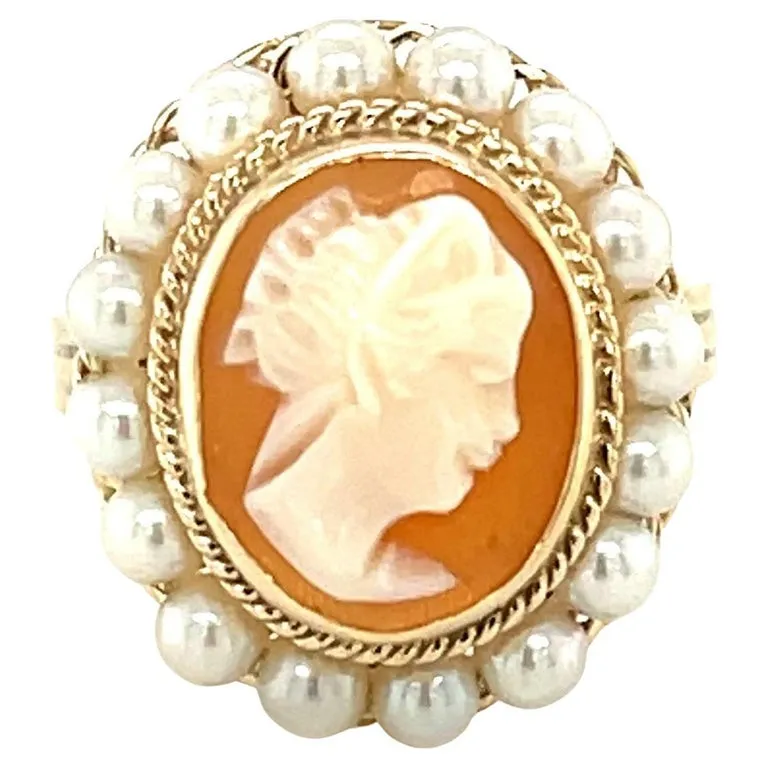 Hand Carved Italian Shell Cameo Filigree Seed Pearl Ring in 14k Yellow Gold