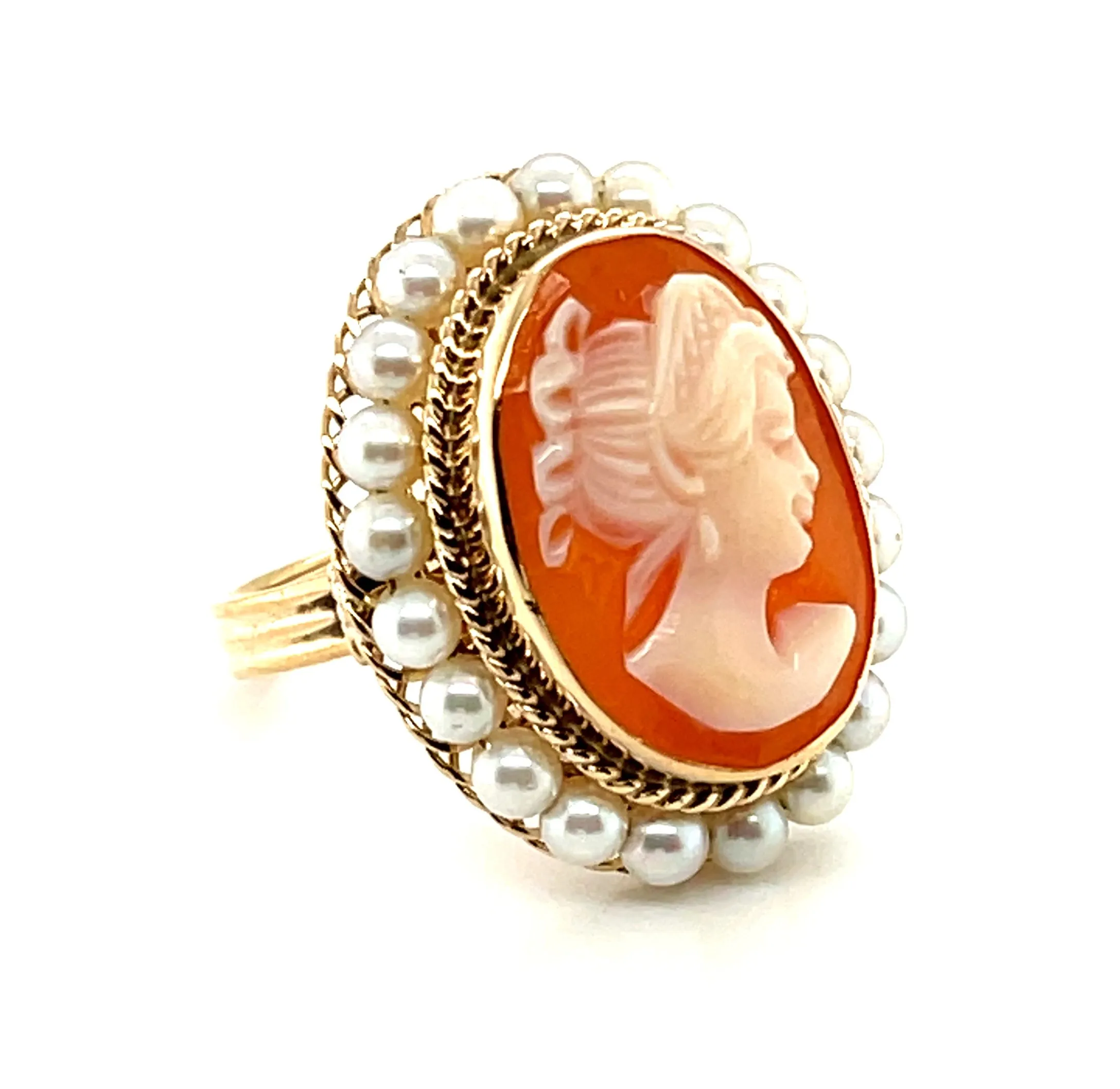 Italian Shell Cameo and Seed Pearl Ring in 14k Yellow Gold
