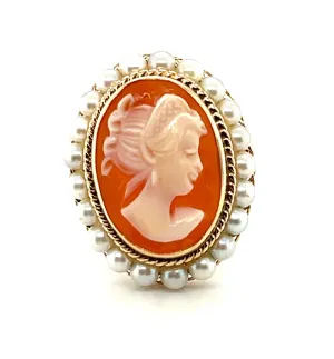 Italian Shell Cameo and Seed Pearl Ring in 14k Yellow Gold