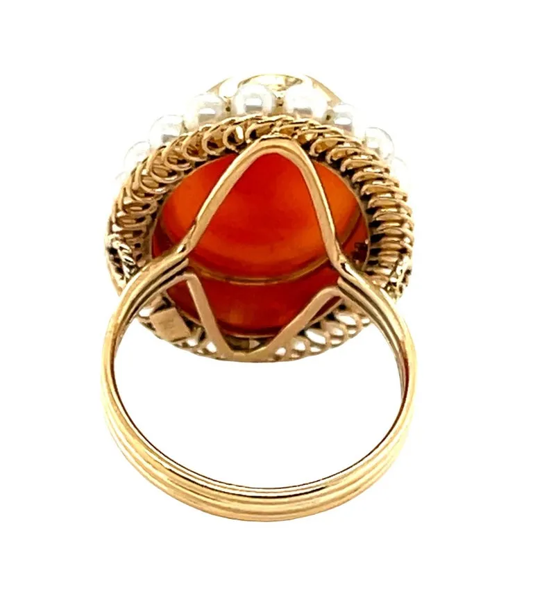 Italian Shell Cameo and Seed Pearl Ring in 14k Yellow Gold