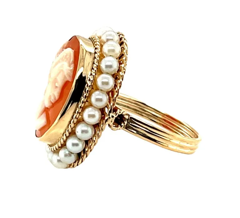 Italian Shell Cameo and Seed Pearl Ring in 14k Yellow Gold