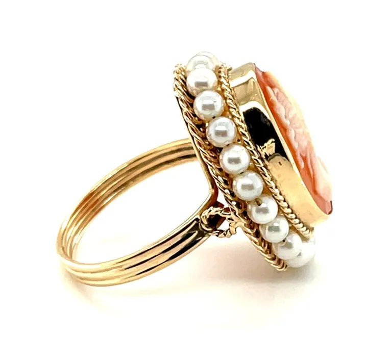 Italian Shell Cameo and Seed Pearl Ring in 14k Yellow Gold