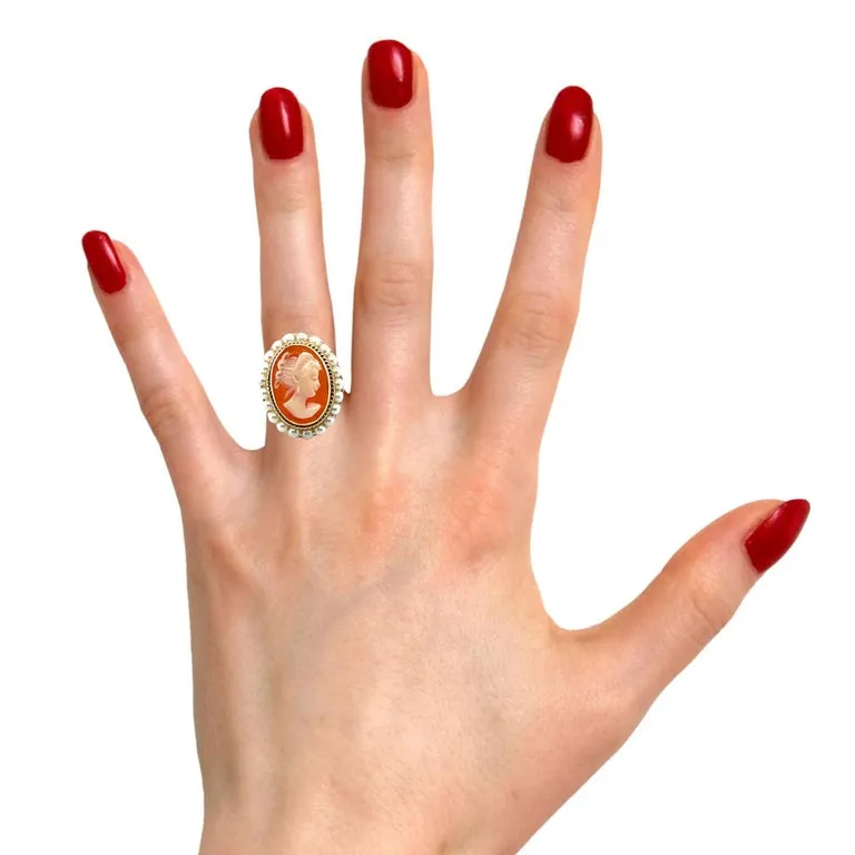 Italian Shell Cameo and Seed Pearl Ring in 14k Yellow Gold