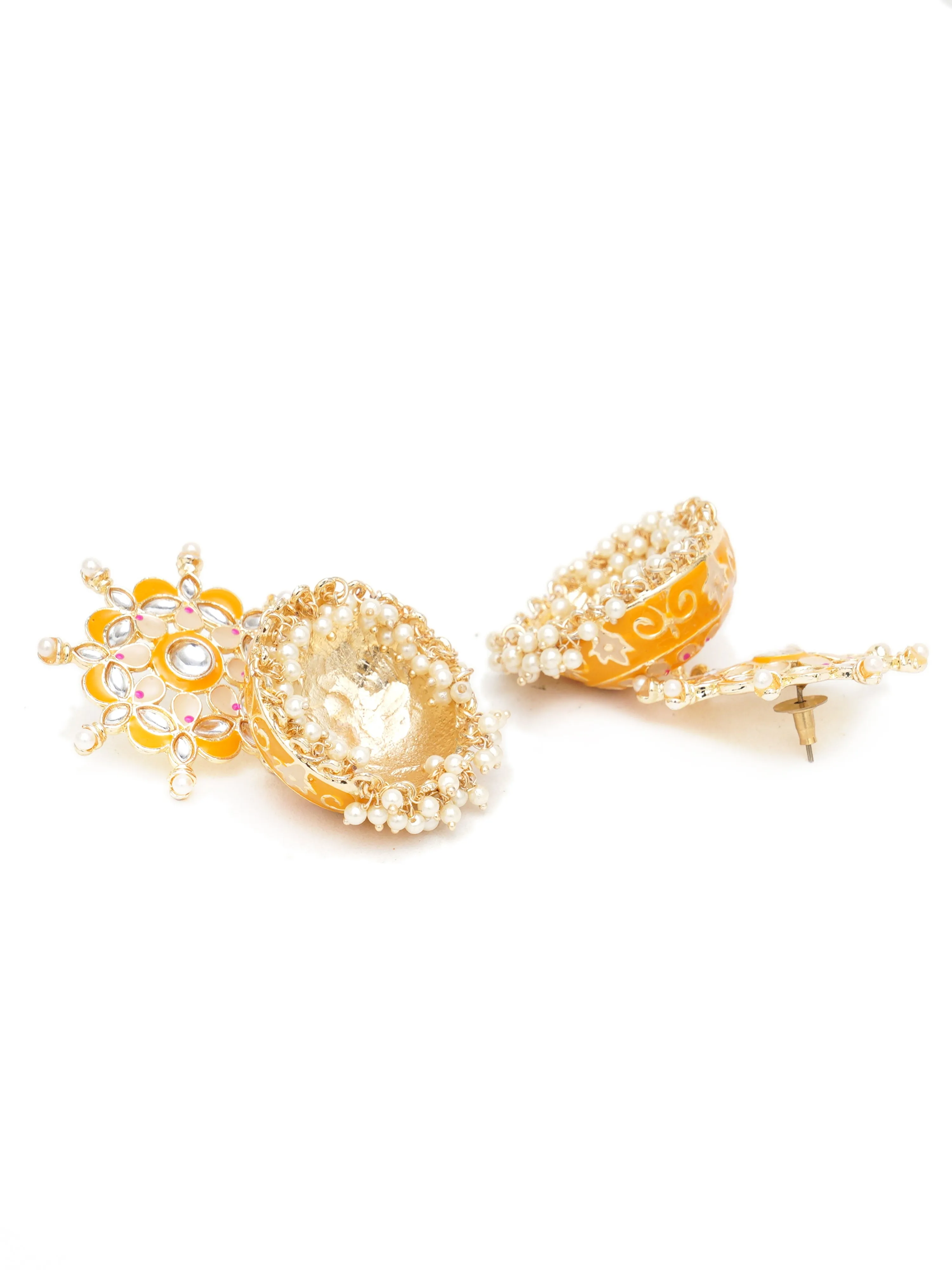Karatcart Gold Plated Floral Design Yellow Meena and Pearl Jhumki Earrings for Women
