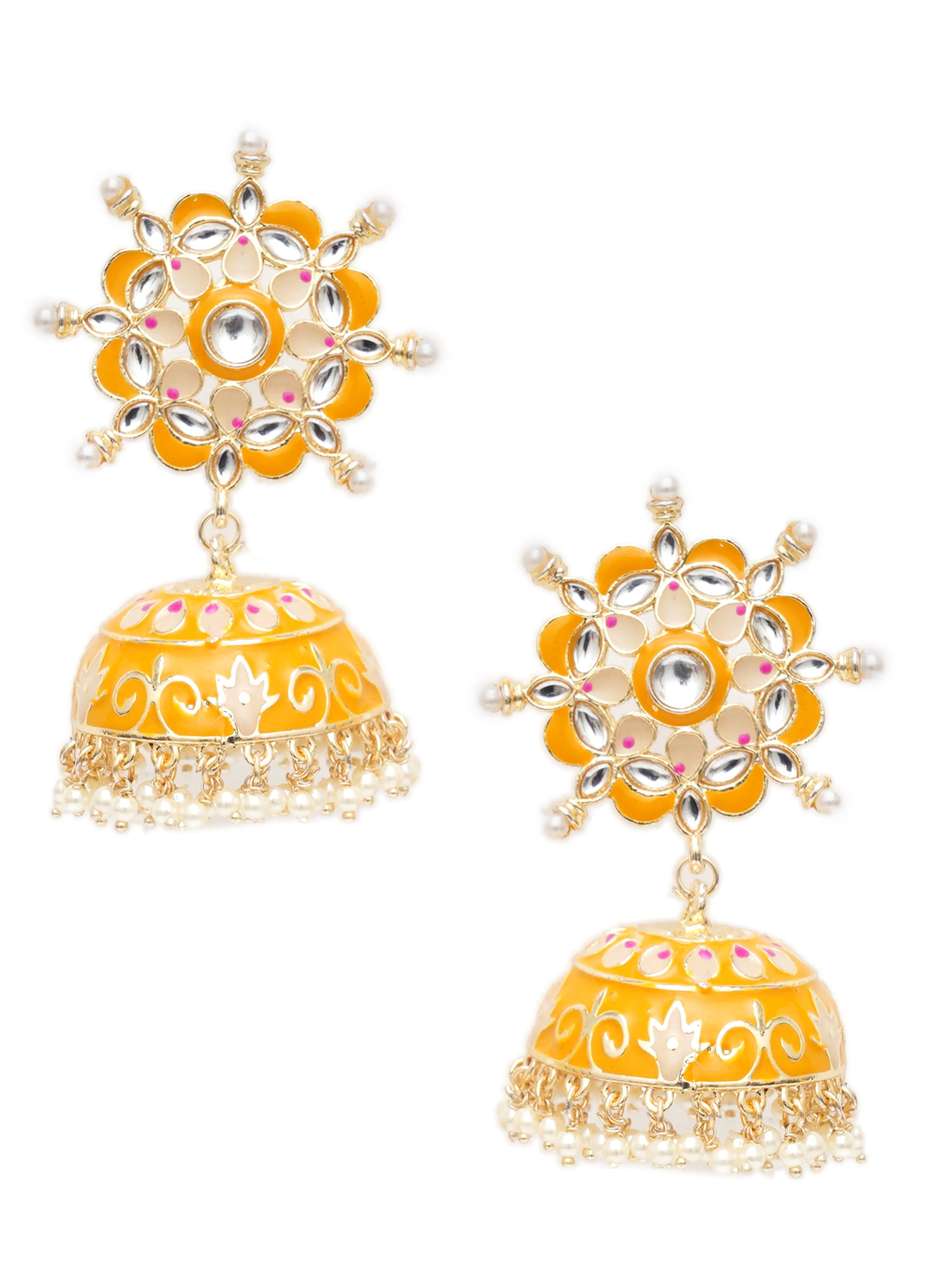 Karatcart Gold Plated Floral Design Yellow Meena and Pearl Jhumki Earrings for Women