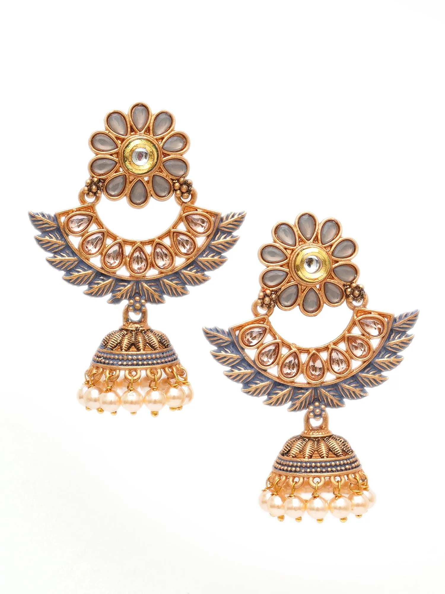 Karatcart Gold Plated Grey Meena Floral Design Jhumki Earrings for Women