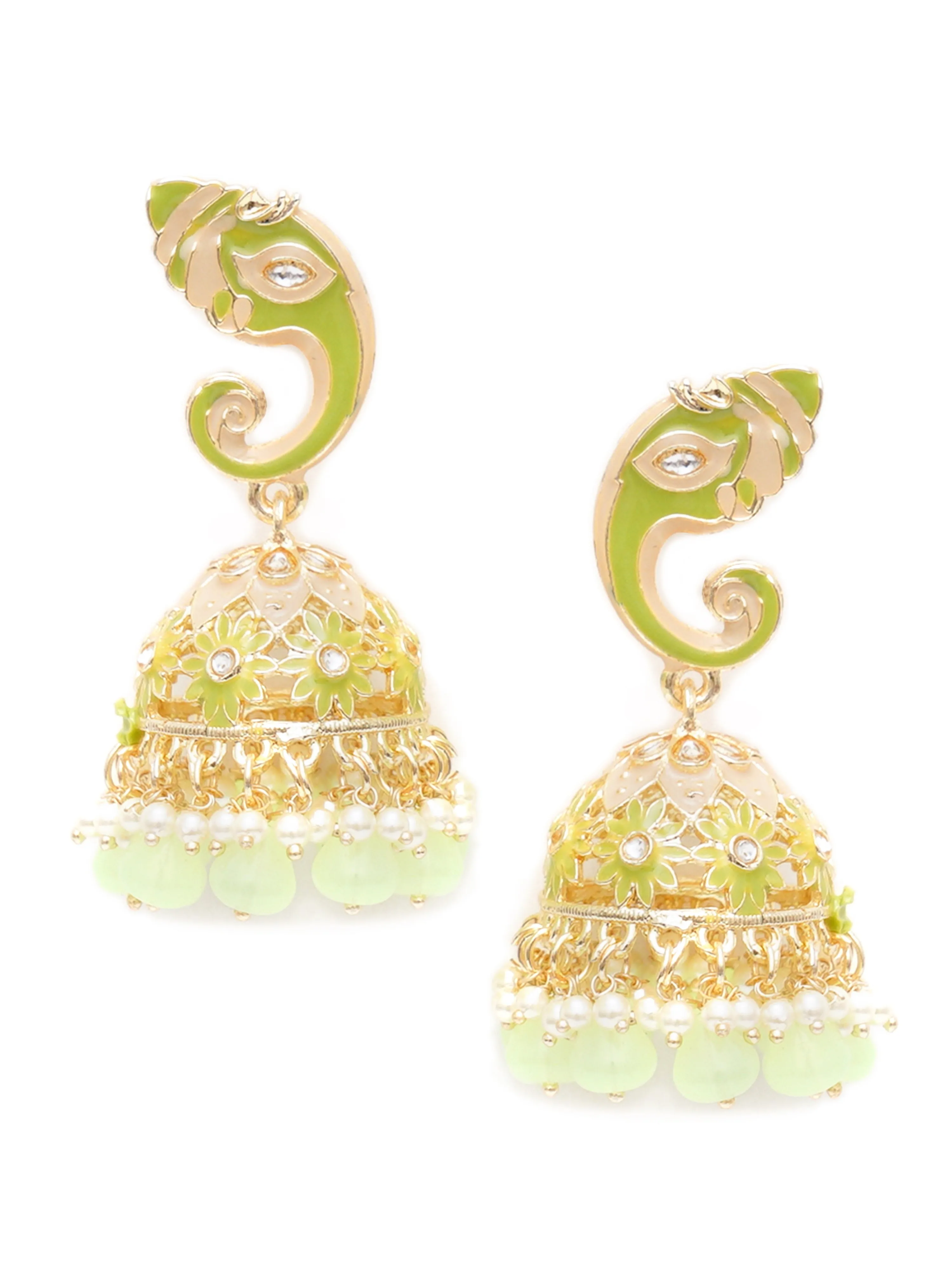 Karatcart Gold Plated Light Green Lord Ganesha Jhumki Earrings for Women