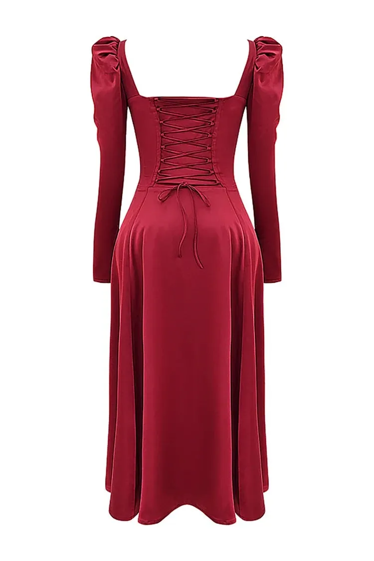 Lace Up Corset Puffy Long Sleeve Slit Satin Midi Dresses-Red
