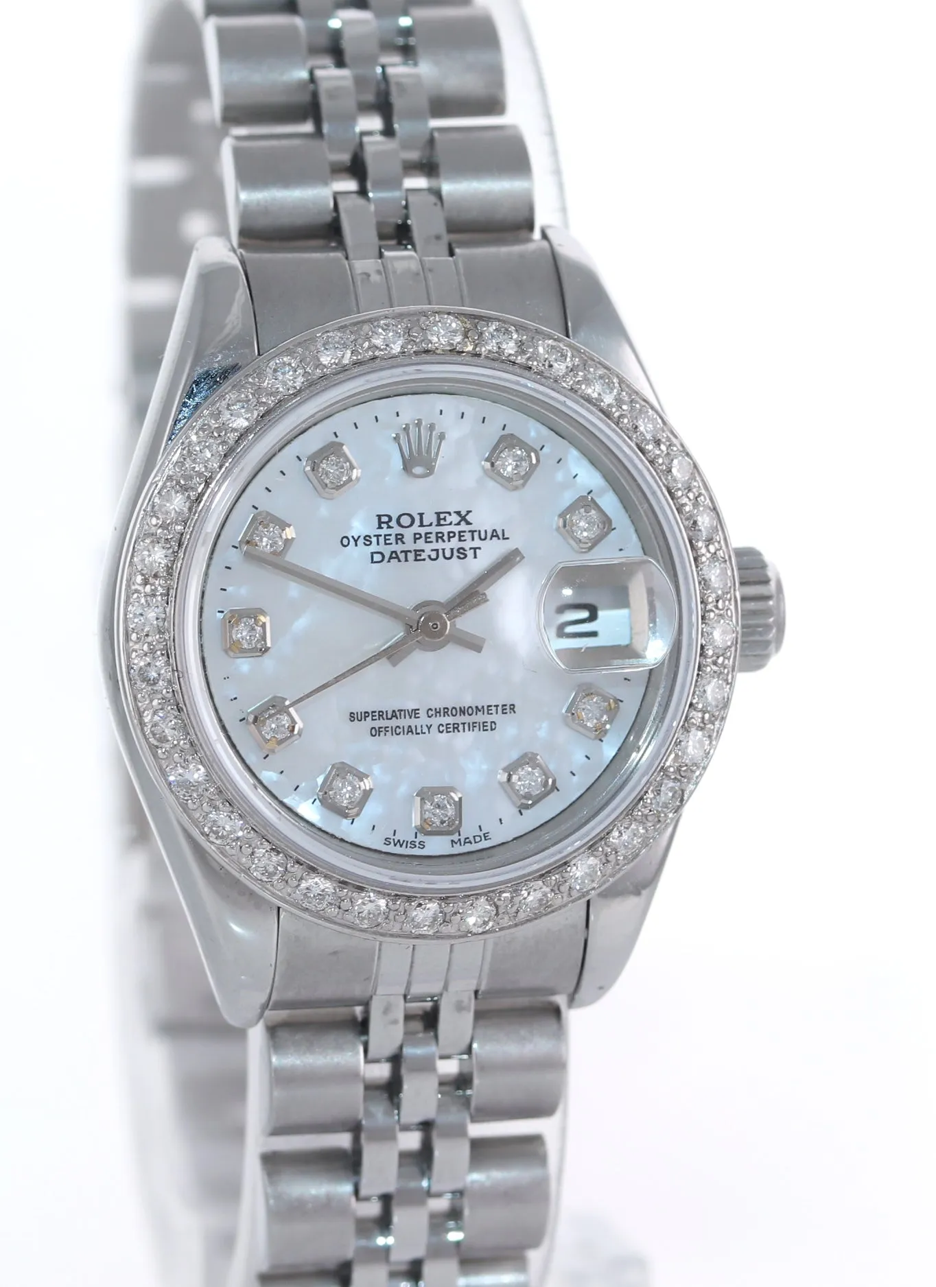 Ladies Rolex DateJust 26mm MOP Diamond Fluted Bezel Steel Jubilee Watch 79174