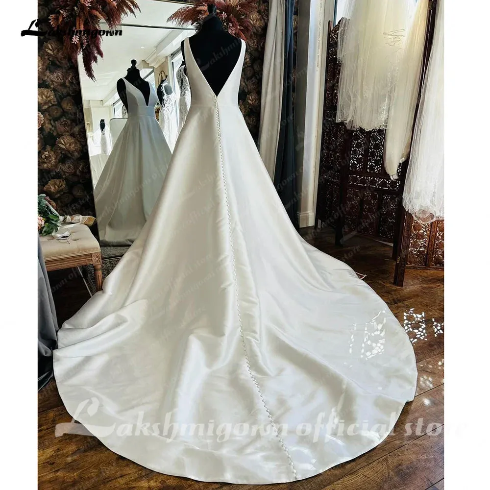 Lakshmigown Satin Long Beach Wedding Dress V neck 2024 Vestidos Sexy Boho Bridal Gowns Open Back abito da sposa
