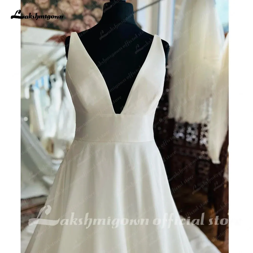Lakshmigown Satin Long Beach Wedding Dress V neck 2024 Vestidos Sexy Boho Bridal Gowns Open Back abito da sposa