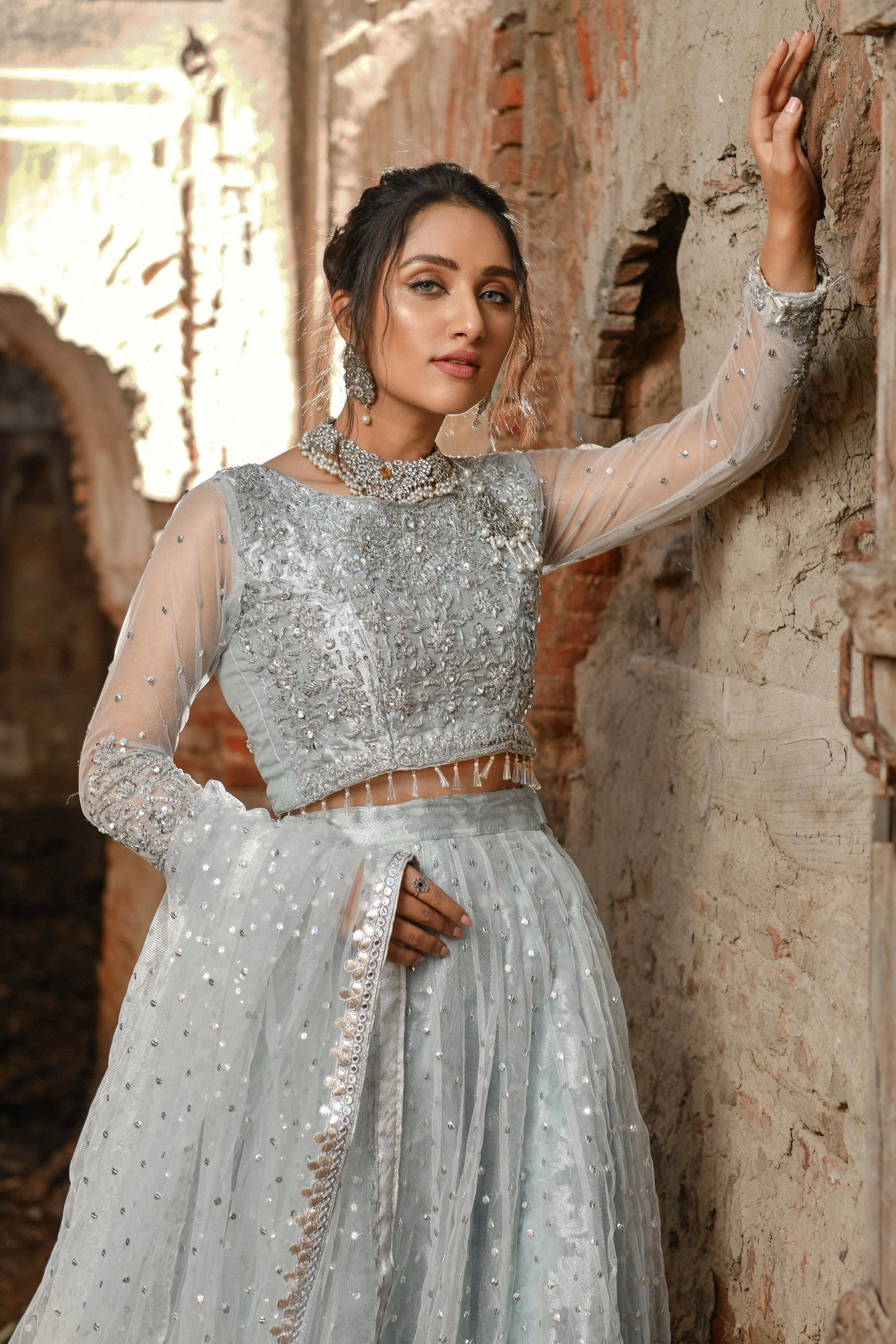 Latest Grey Lehenga Choli Bridal Dress Pakistani #BS716