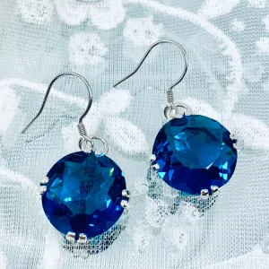 London Blue Earrings, Fleur de Lis Round Gem Retro Jewelry #E7