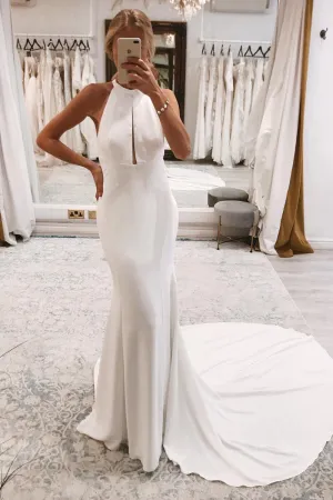 Milena | Simple White Halter Open Back Long Wedding Dress