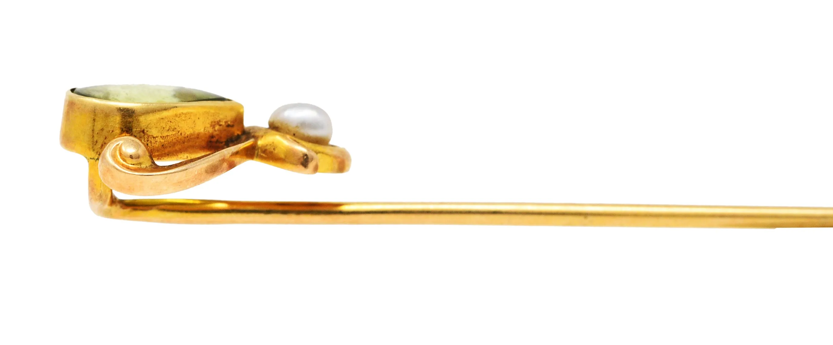 Moore & Son Art Nouveau Peridot Pearl 14 Karat Yellow Gold Stickpin