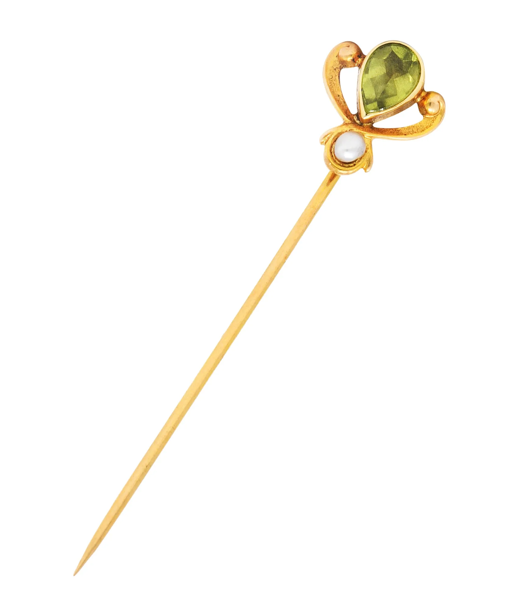 Moore & Son Art Nouveau Peridot Pearl 14 Karat Yellow Gold Stickpin