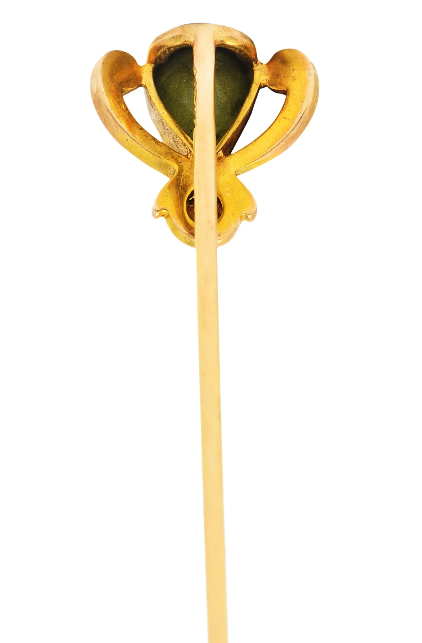 Moore & Son Art Nouveau Peridot Pearl 14 Karat Yellow Gold Stickpin