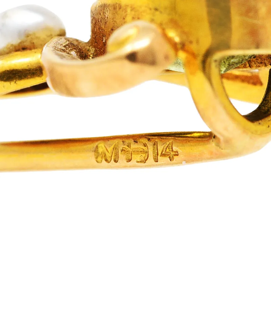 Moore & Son Art Nouveau Peridot Pearl 14 Karat Yellow Gold Stickpin