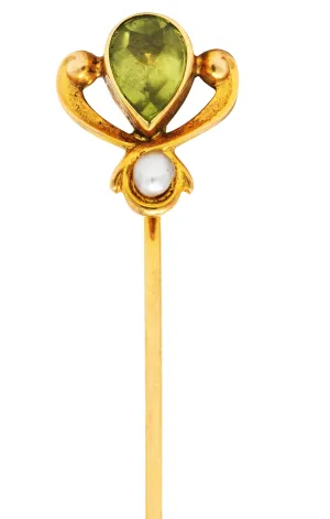 Moore & Son Art Nouveau Peridot Pearl 14 Karat Yellow Gold Stickpin