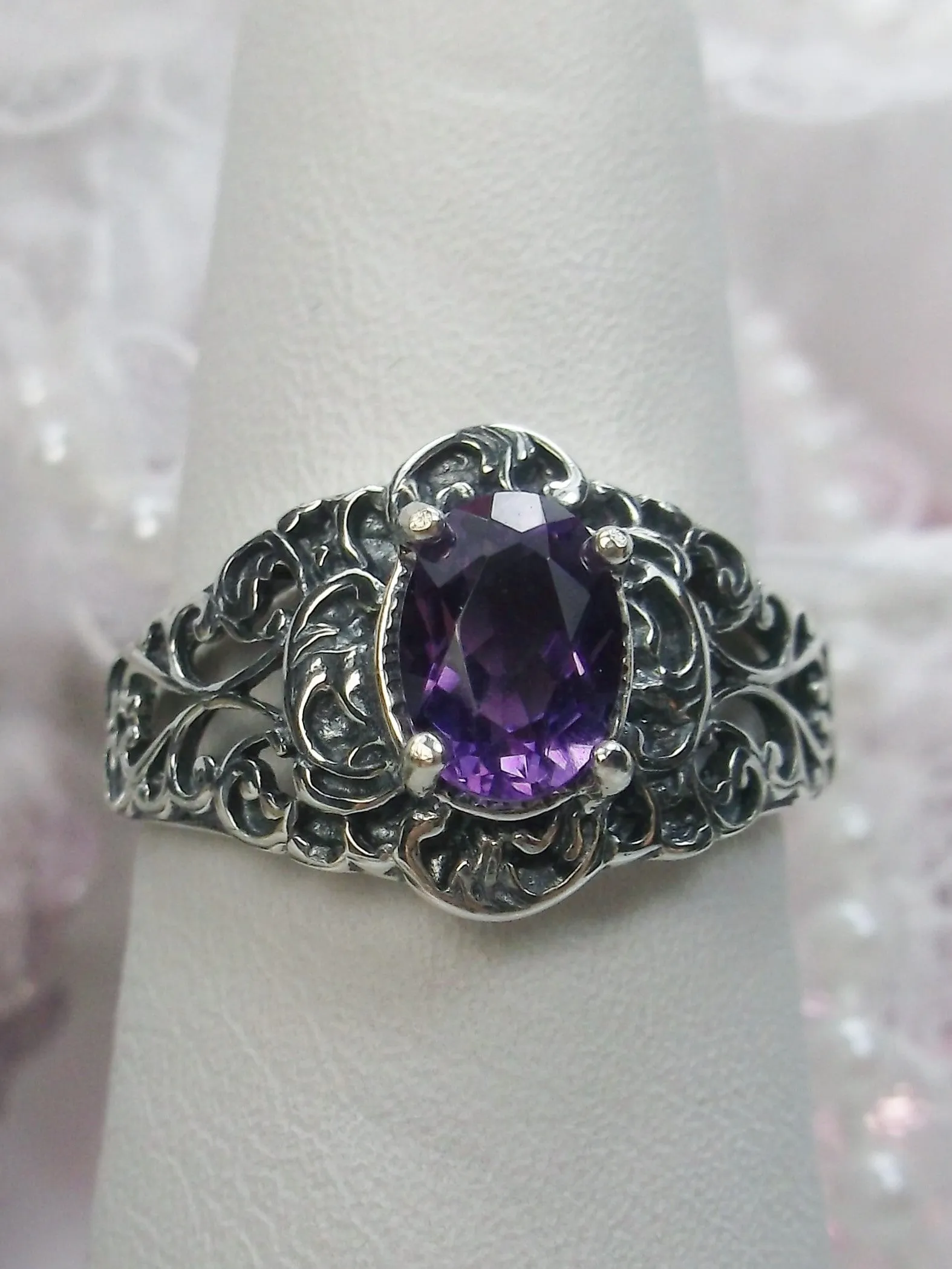 Natural Amethyst Ring, Sterling Silver Art Nouveau Jewelry #D14