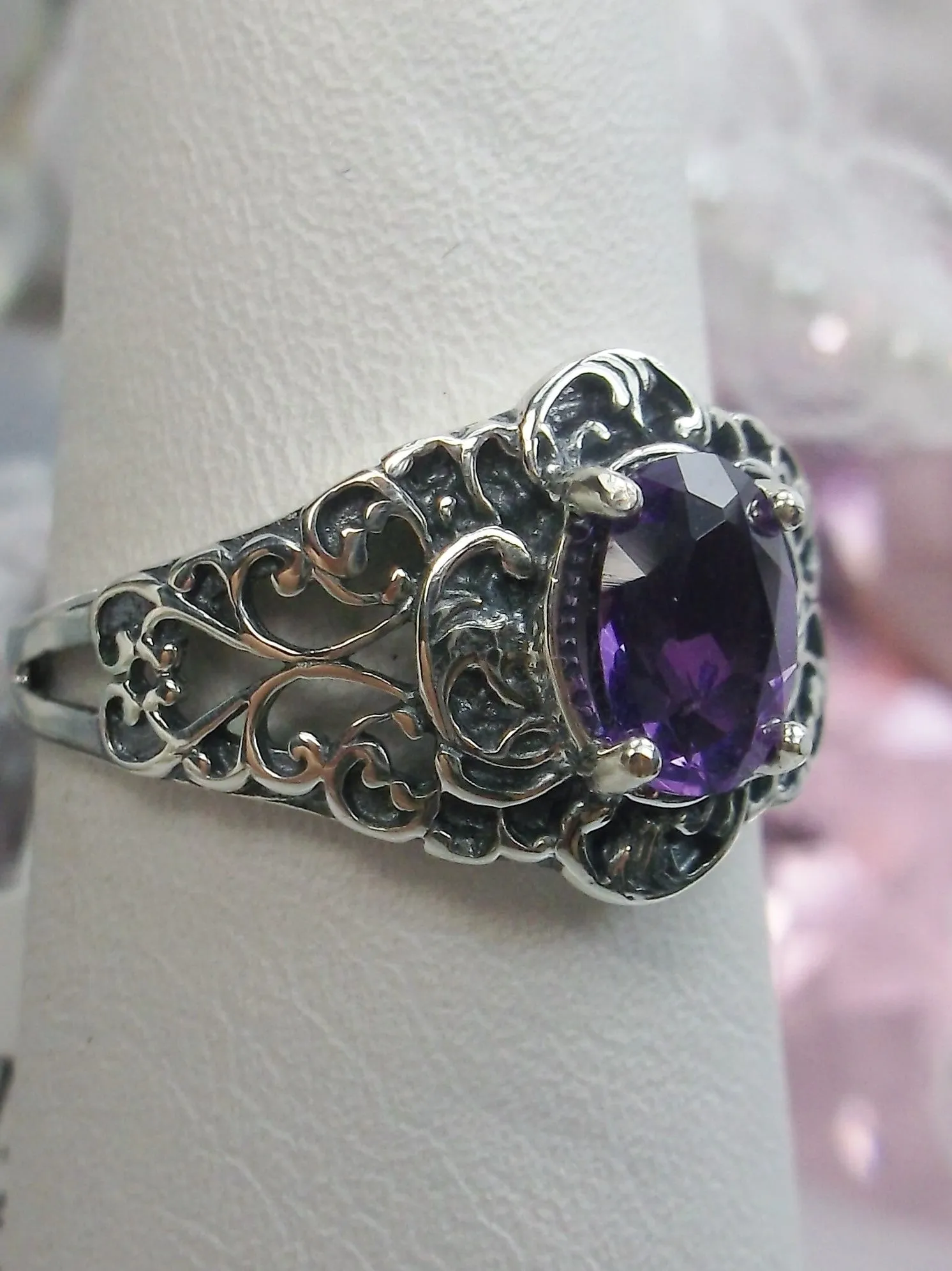 Natural Amethyst Ring, Sterling Silver Art Nouveau Jewelry #D14