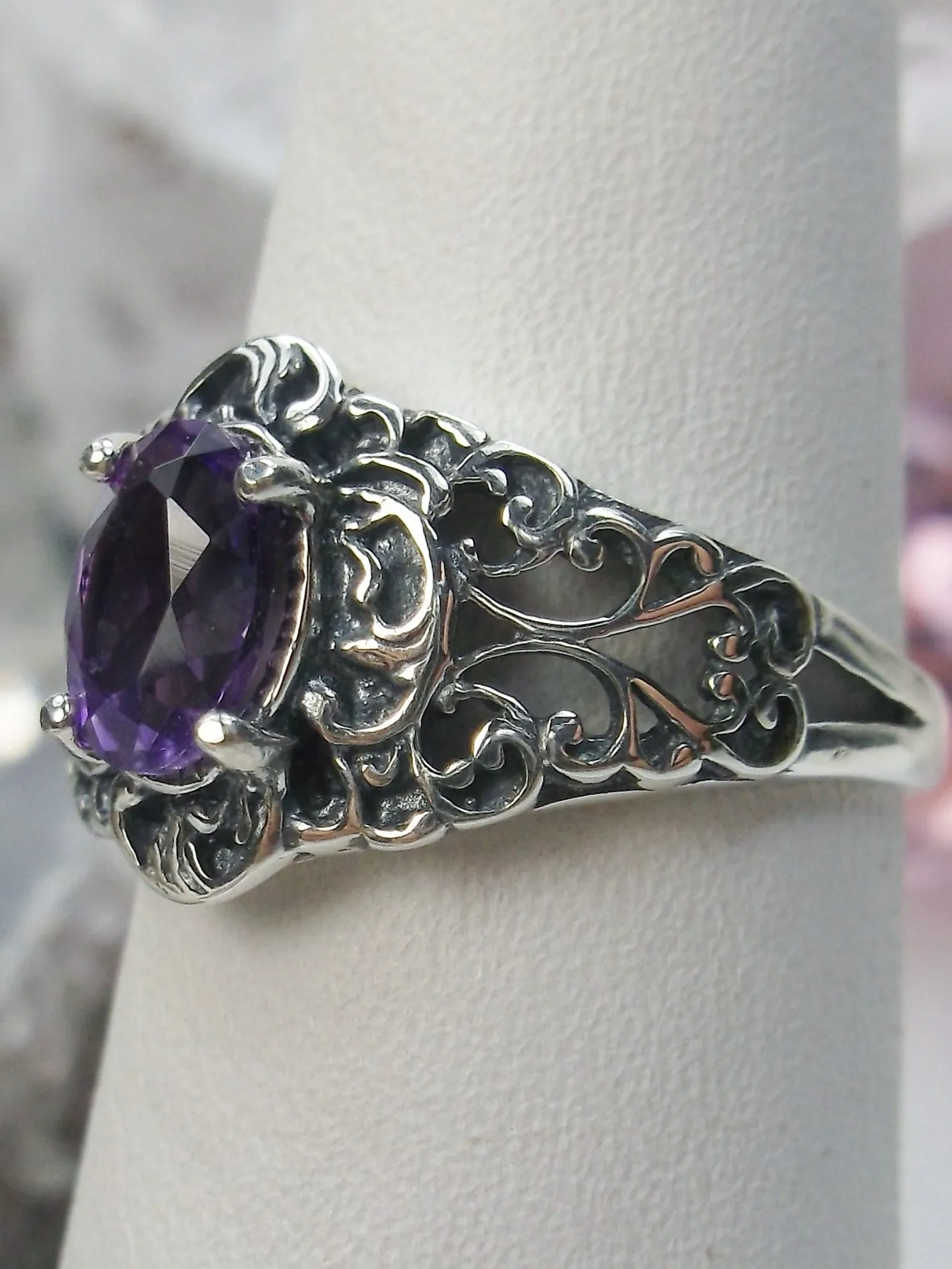 Natural Amethyst Ring, Sterling Silver Art Nouveau Jewelry #D14