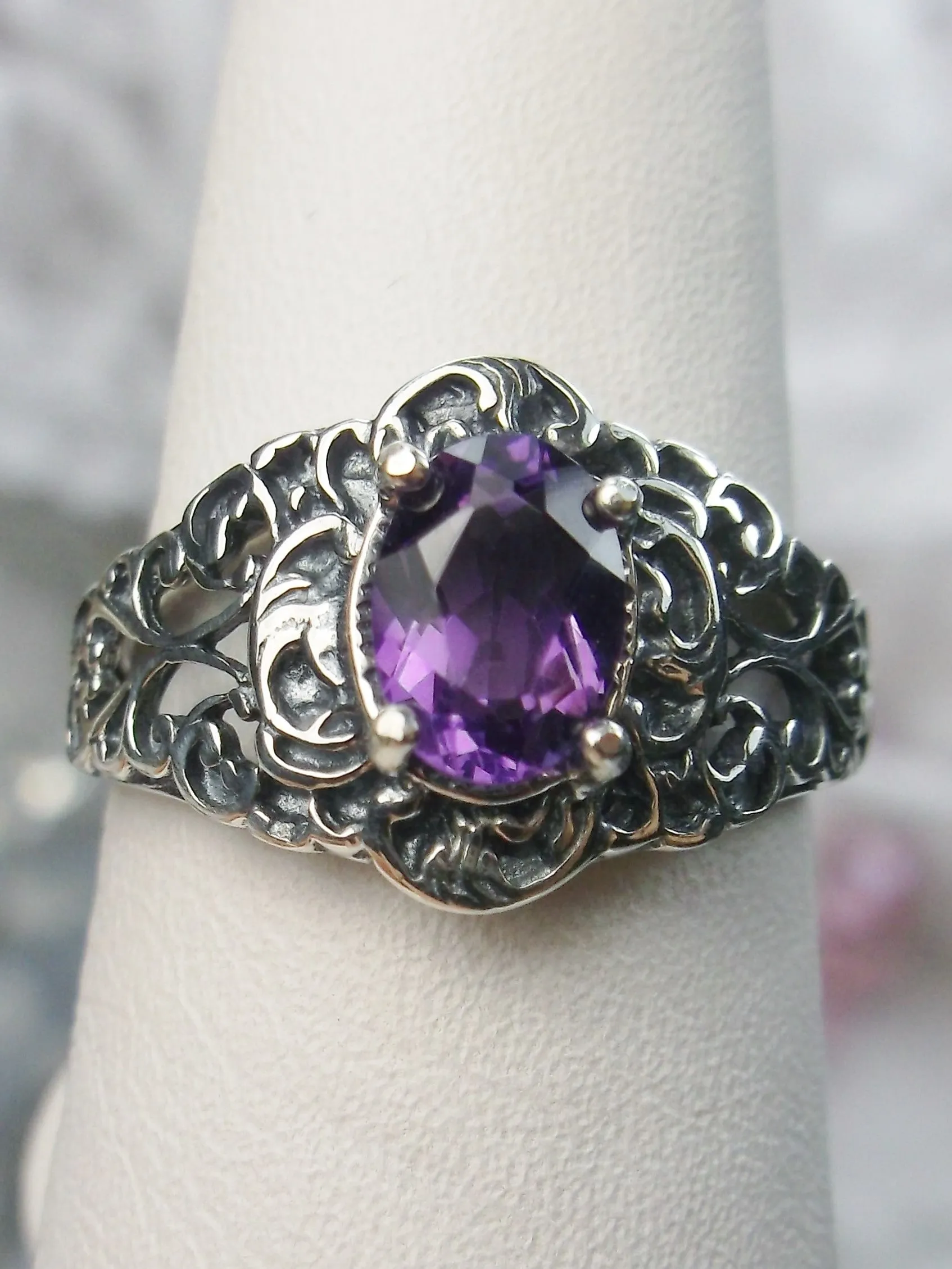 Natural Amethyst Ring, Sterling Silver Art Nouveau Jewelry #D14