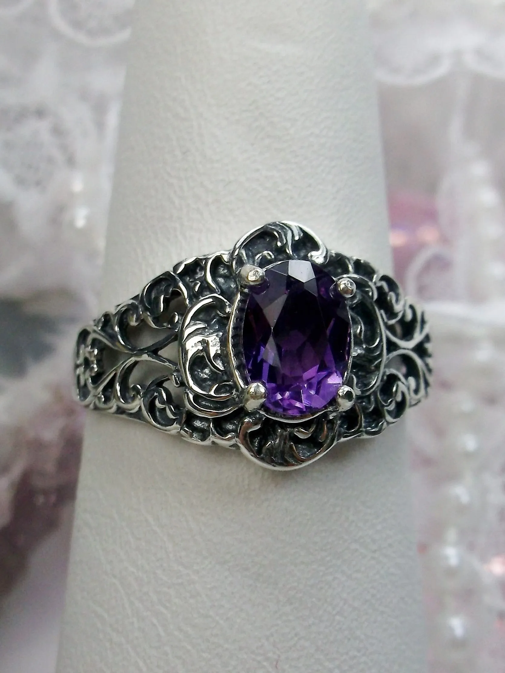 Natural Amethyst Ring, Sterling Silver Art Nouveau Jewelry #D14