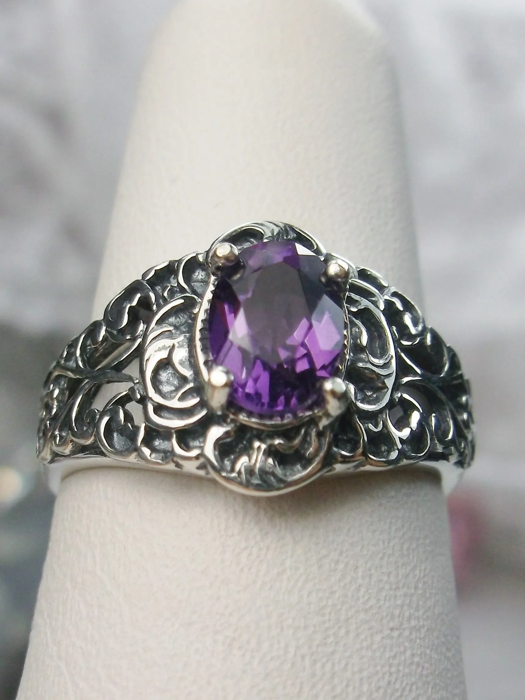 Natural Amethyst Ring, Sterling Silver Art Nouveau Jewelry #D14