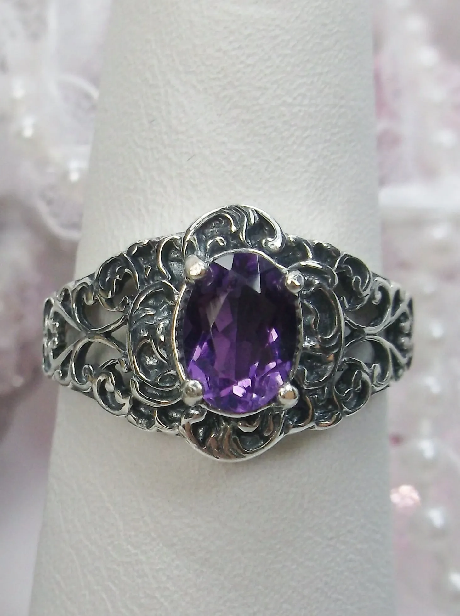 Natural Amethyst Ring, Sterling Silver Art Nouveau Jewelry #D14