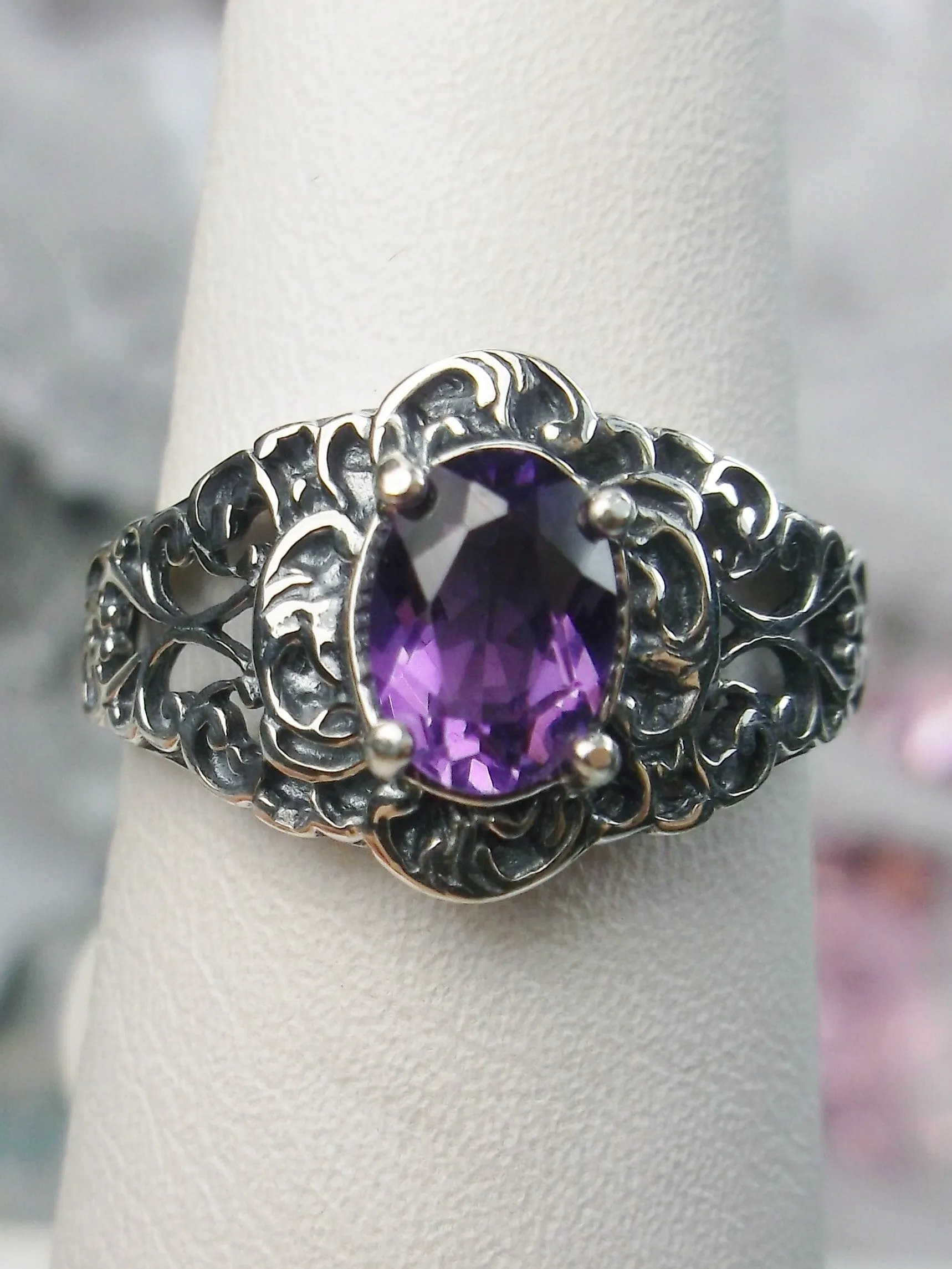 Natural Amethyst Ring, Sterling Silver Art Nouveau Jewelry #D14