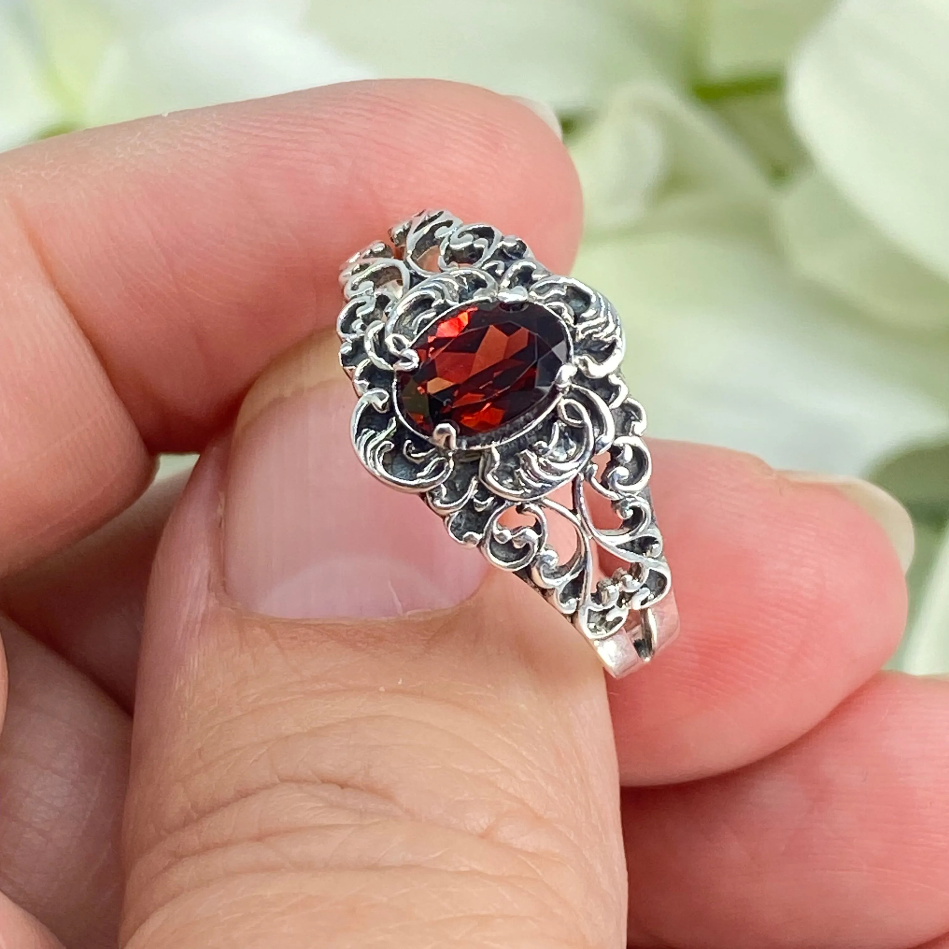 Natural Garnet Ring, Size 7, Sterling Silver Art Nouveau Jewelry #D14 - Ready to Ship