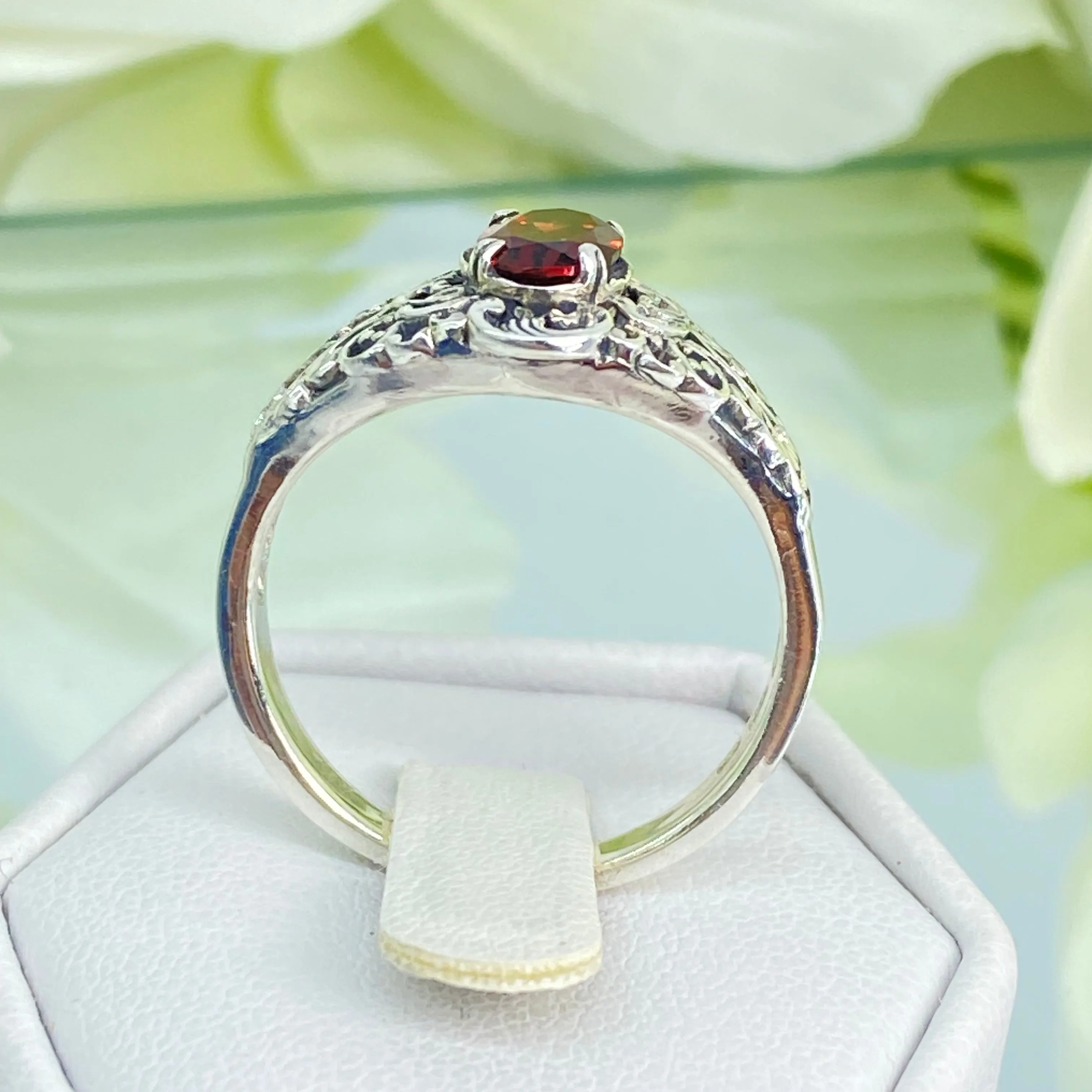 Natural Garnet Ring, Size 7, Sterling Silver Art Nouveau Jewelry #D14 - Ready to Ship