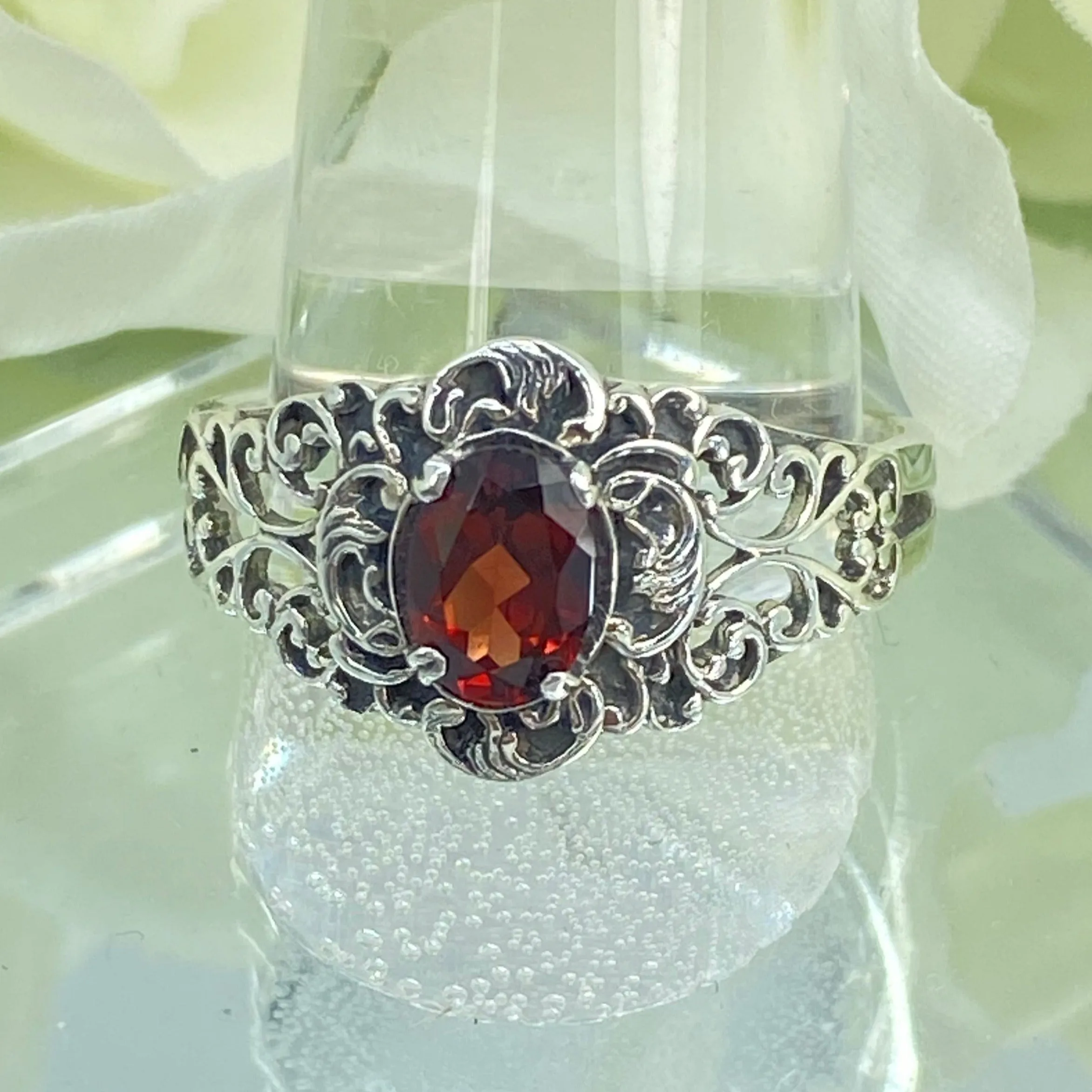 Natural Garnet Ring, Size 7, Sterling Silver Art Nouveau Jewelry #D14 - Ready to Ship