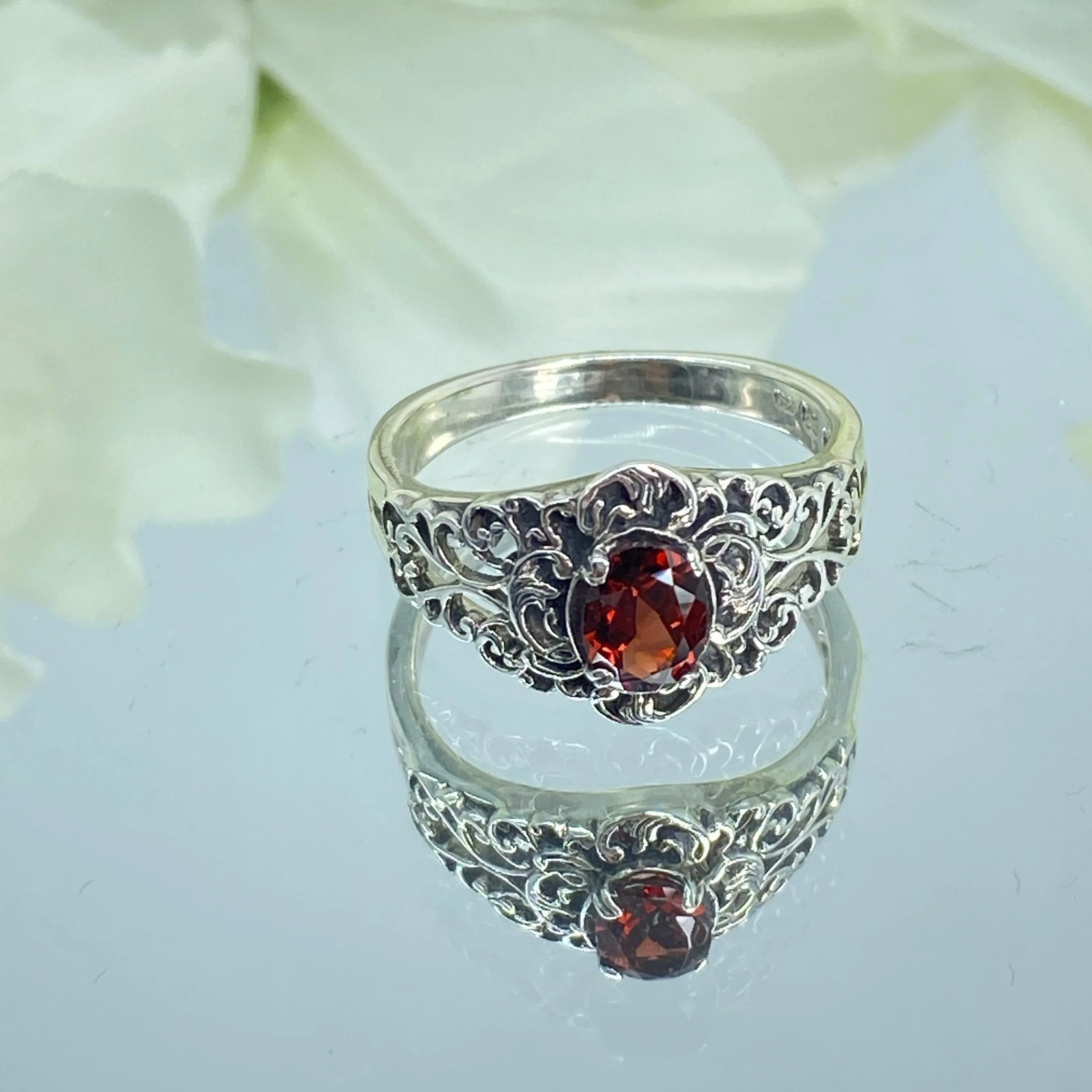 Natural Garnet Ring, Size 7, Sterling Silver Art Nouveau Jewelry #D14 - Ready to Ship