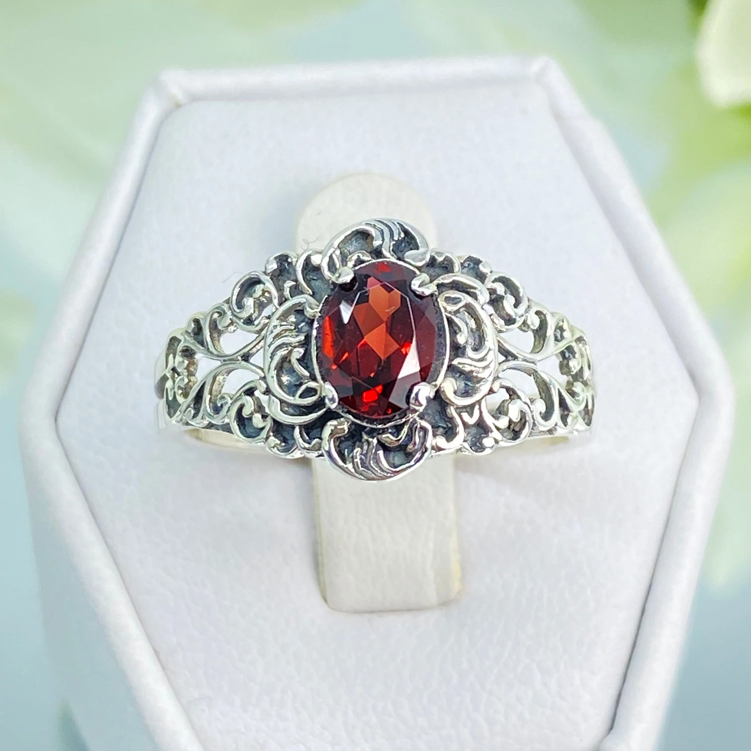 Natural Garnet Ring, Size 7, Sterling Silver Art Nouveau Jewelry #D14 - Ready to Ship