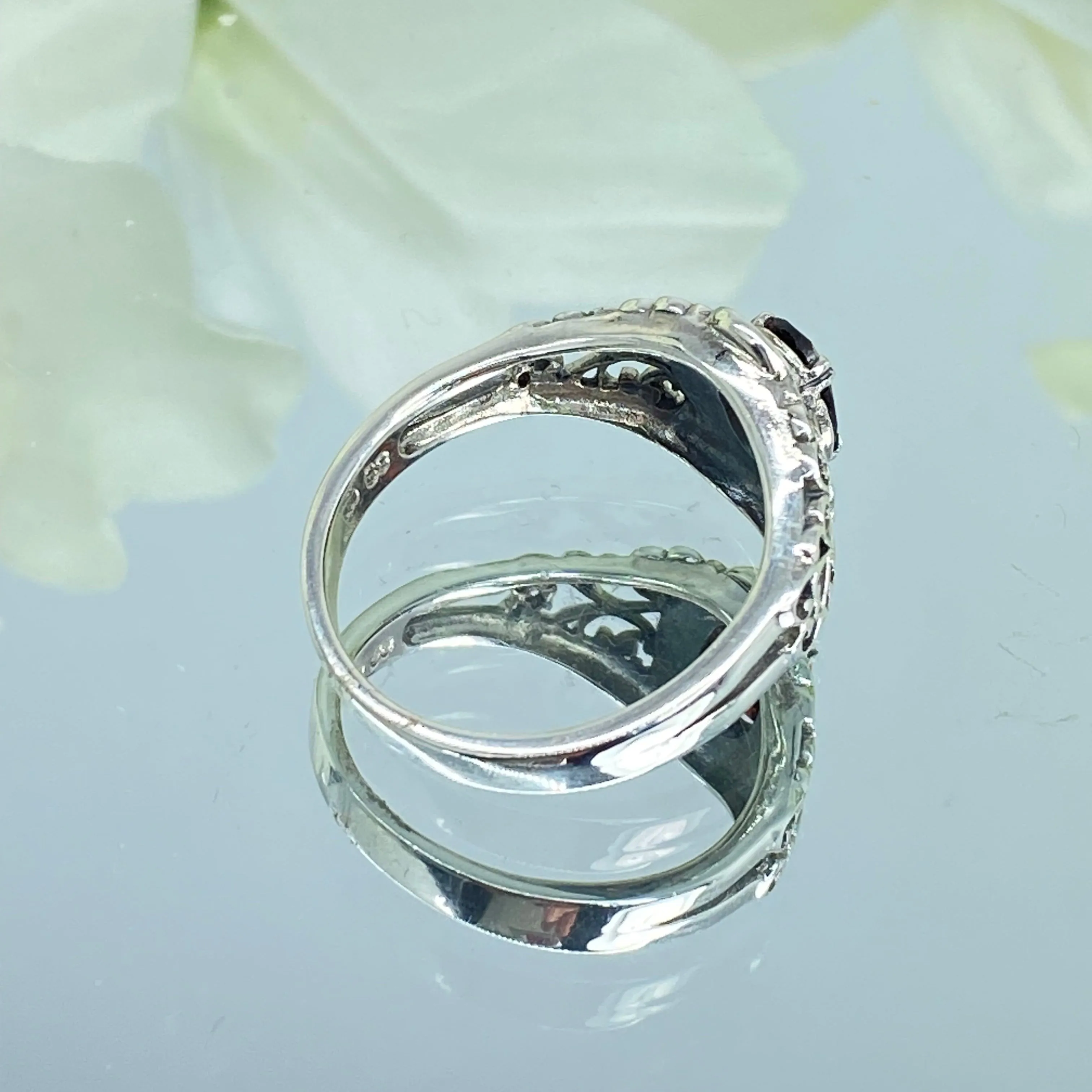 Natural Garnet Ring, Size 7, Sterling Silver Art Nouveau Jewelry #D14 - Ready to Ship