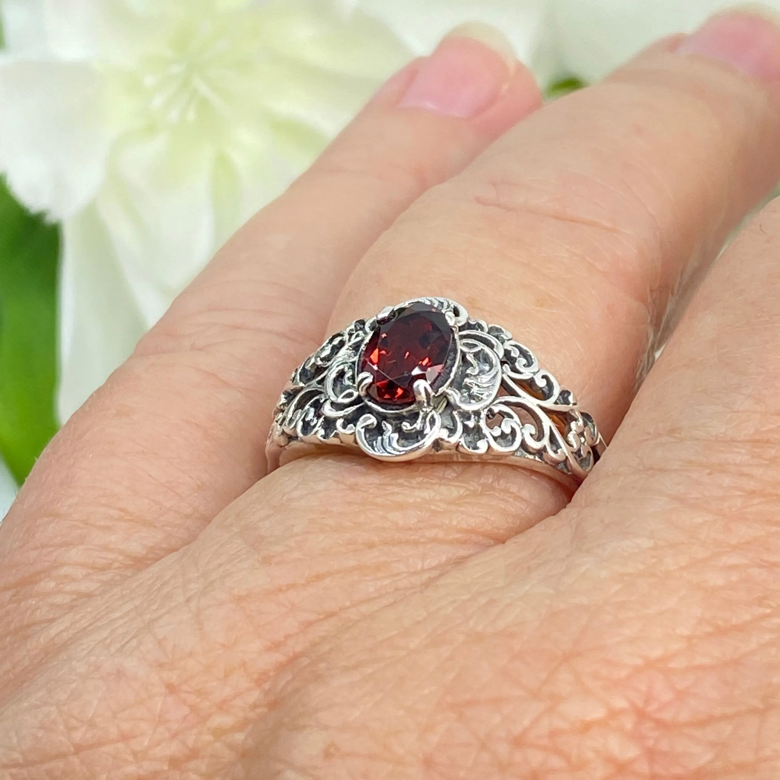 Natural Garnet Ring, Size 7, Sterling Silver Art Nouveau Jewelry #D14 - Ready to Ship
