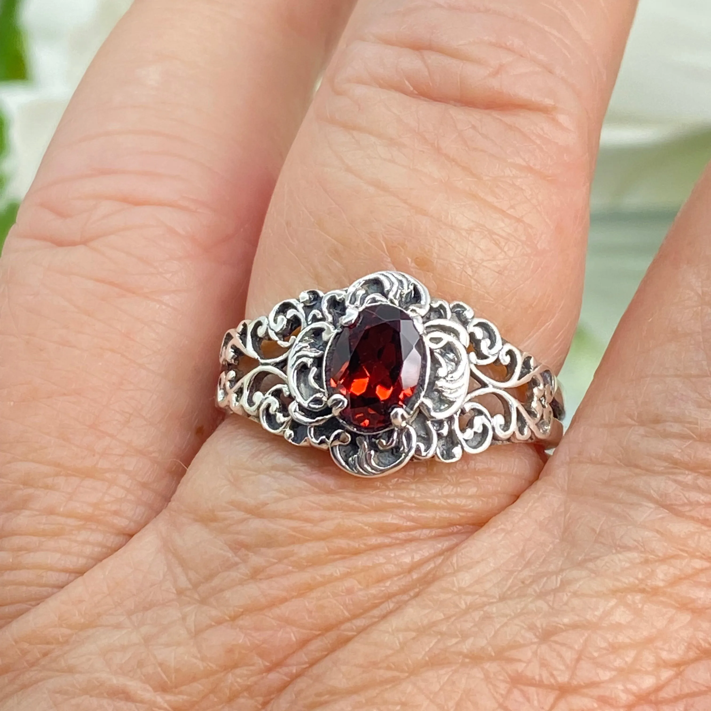 Natural Garnet Ring, Size 7, Sterling Silver Art Nouveau Jewelry #D14 - Ready to Ship