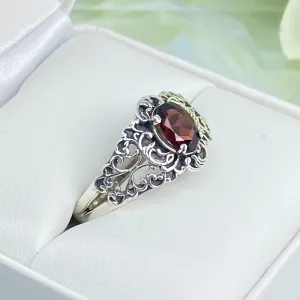 Natural Garnet Ring, Size 7, Sterling Silver Art Nouveau Jewelry #D14 - Ready to Ship