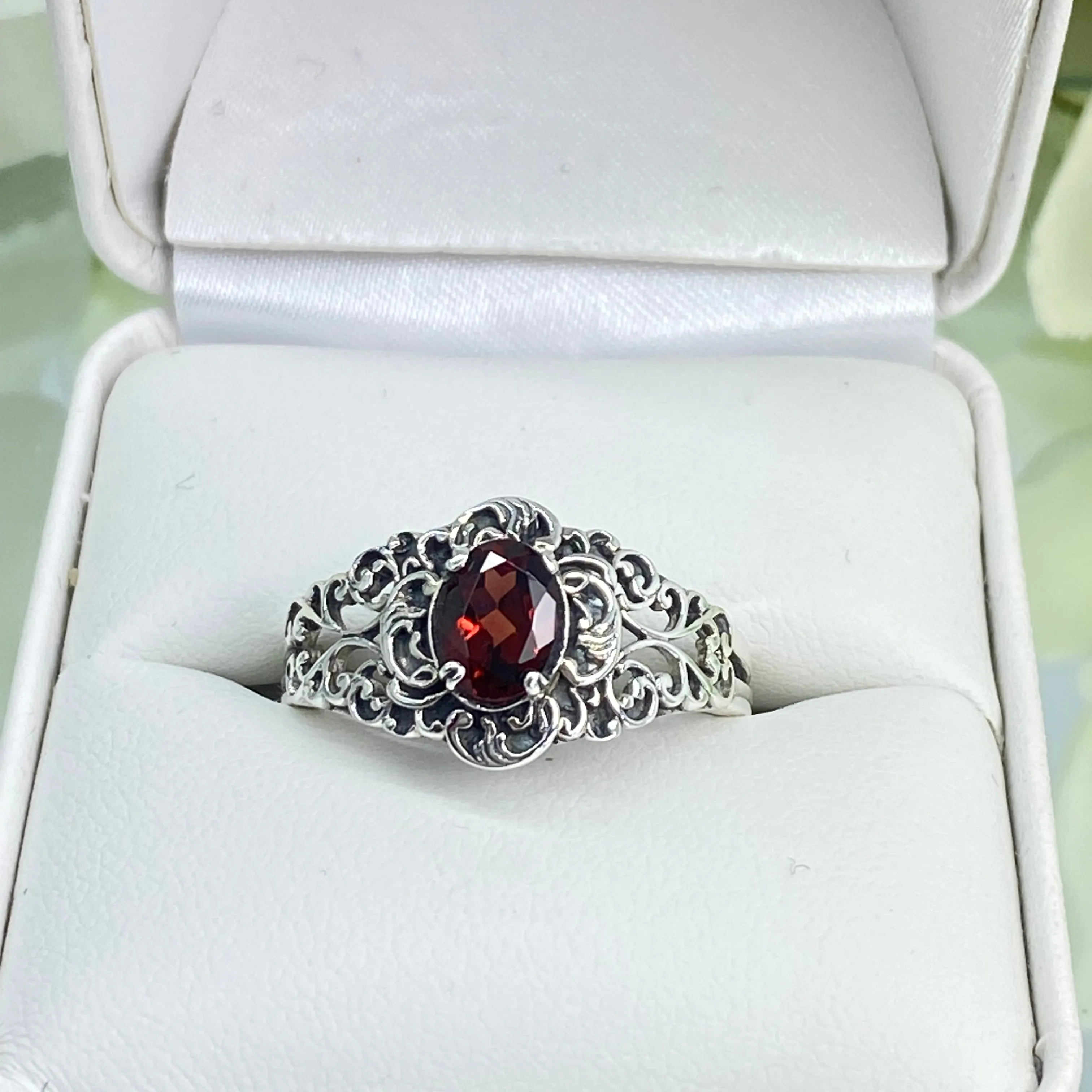 Natural Garnet Ring, Size 7, Sterling Silver Art Nouveau Jewelry #D14 - Ready to Ship