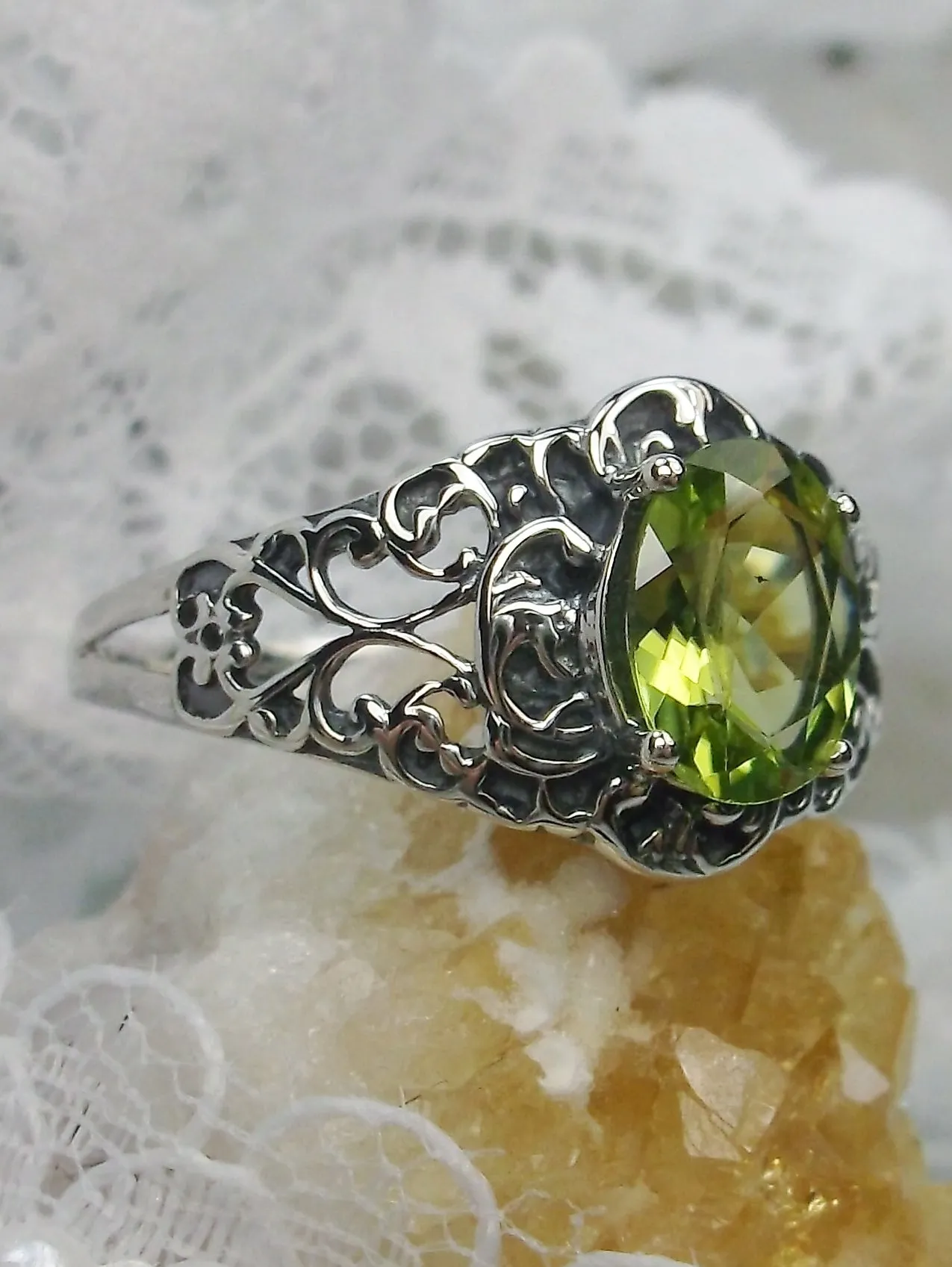 Natural Peridot Ring, Size 9, Sterling Silver Art Nouveau Jewelry #D14 - Ready to Ship