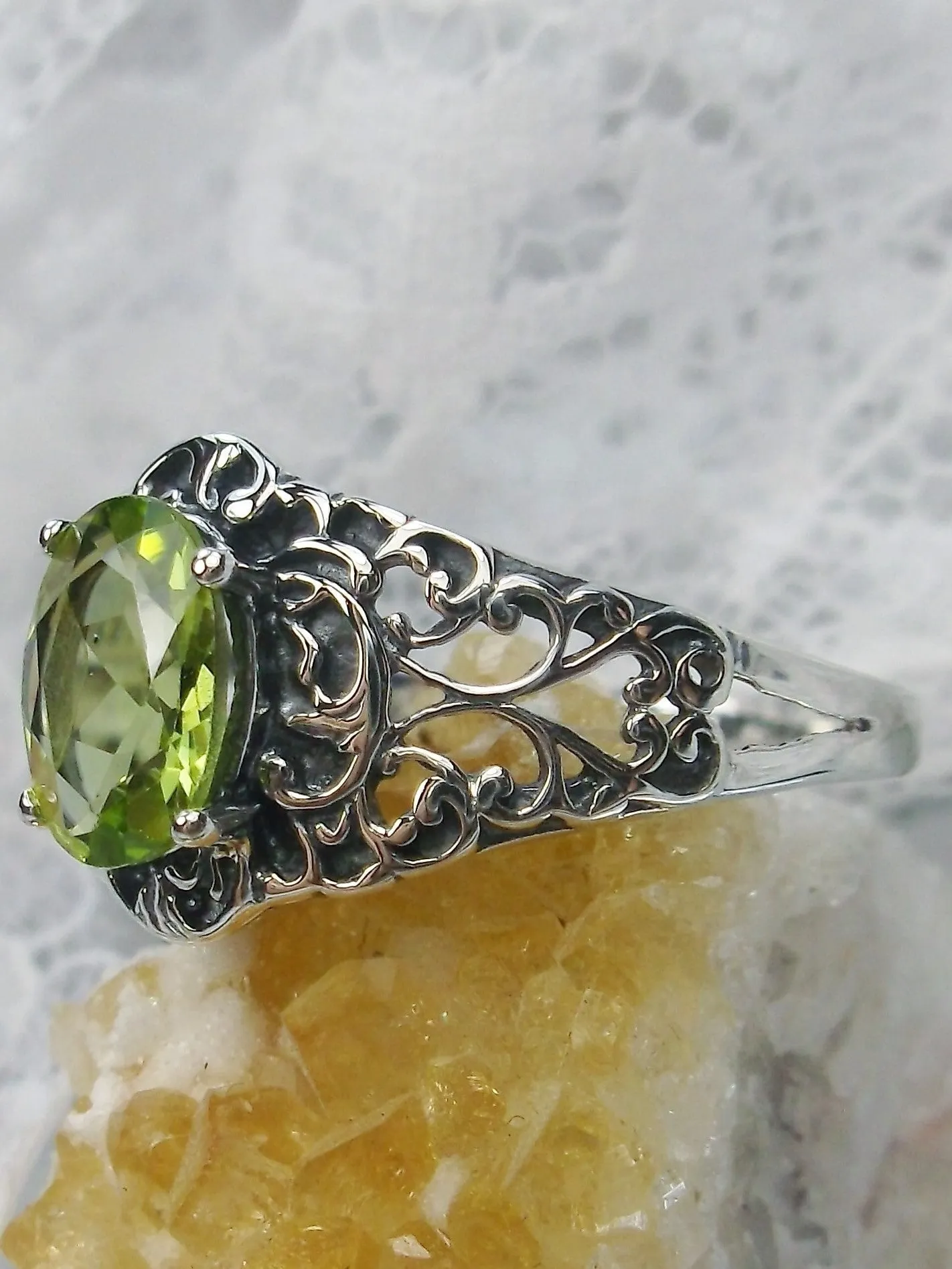 Natural Peridot Ring, Size 9, Sterling Silver Art Nouveau Jewelry #D14 - Ready to Ship