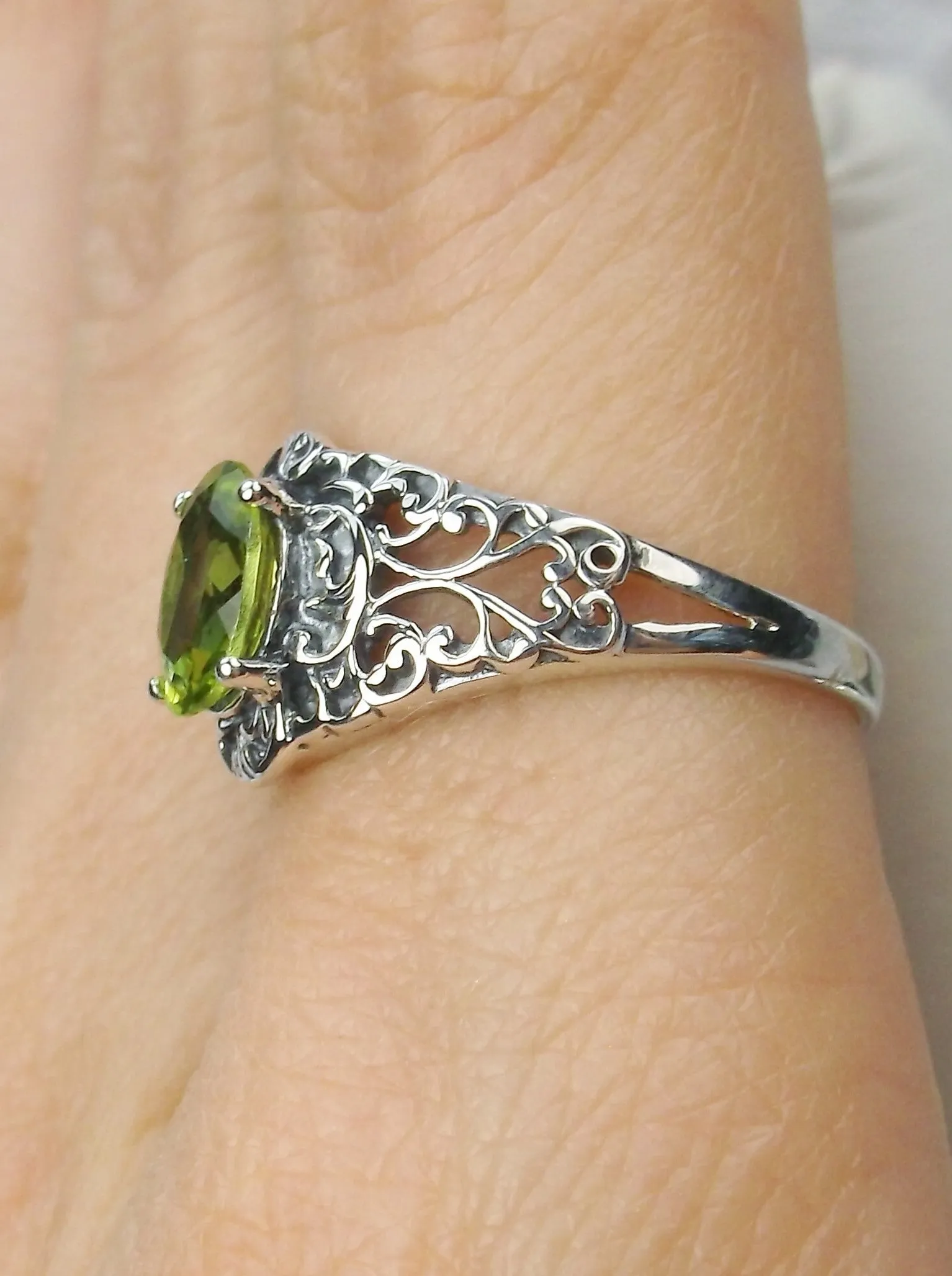 Natural Peridot Ring, Size 9, Sterling Silver Art Nouveau Jewelry #D14 - Ready to Ship
