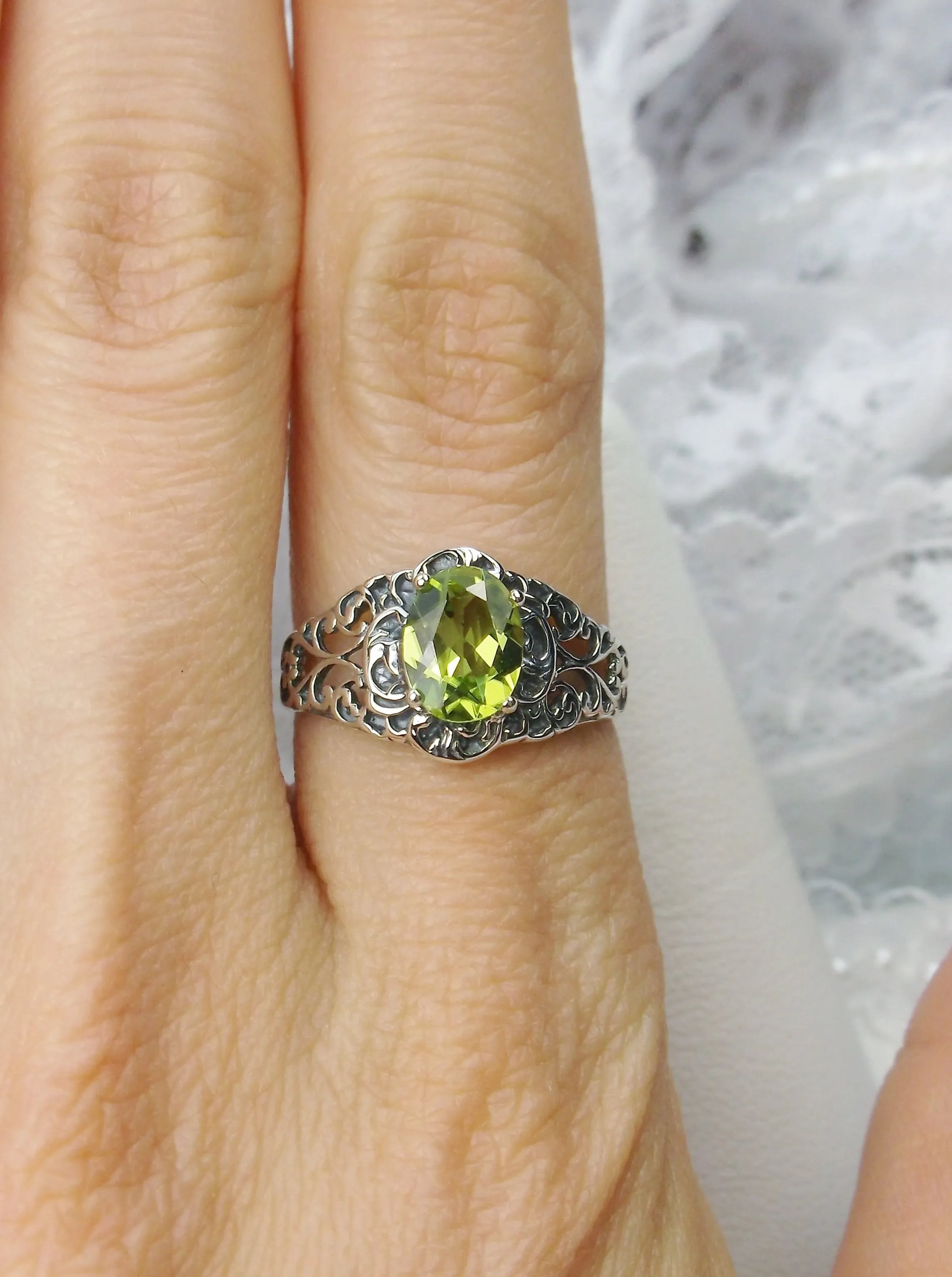 Natural Peridot Ring, Size 9, Sterling Silver Art Nouveau Jewelry #D14 - Ready to Ship