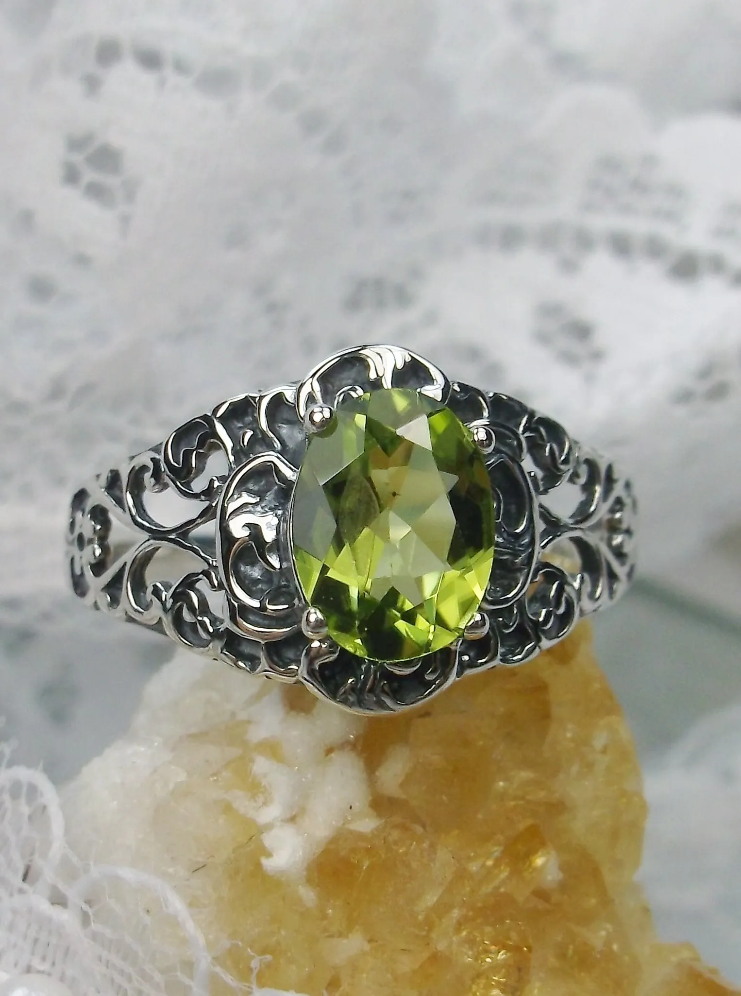 Natural Peridot Ring, Size 9, Sterling Silver Art Nouveau Jewelry #D14 - Ready to Ship