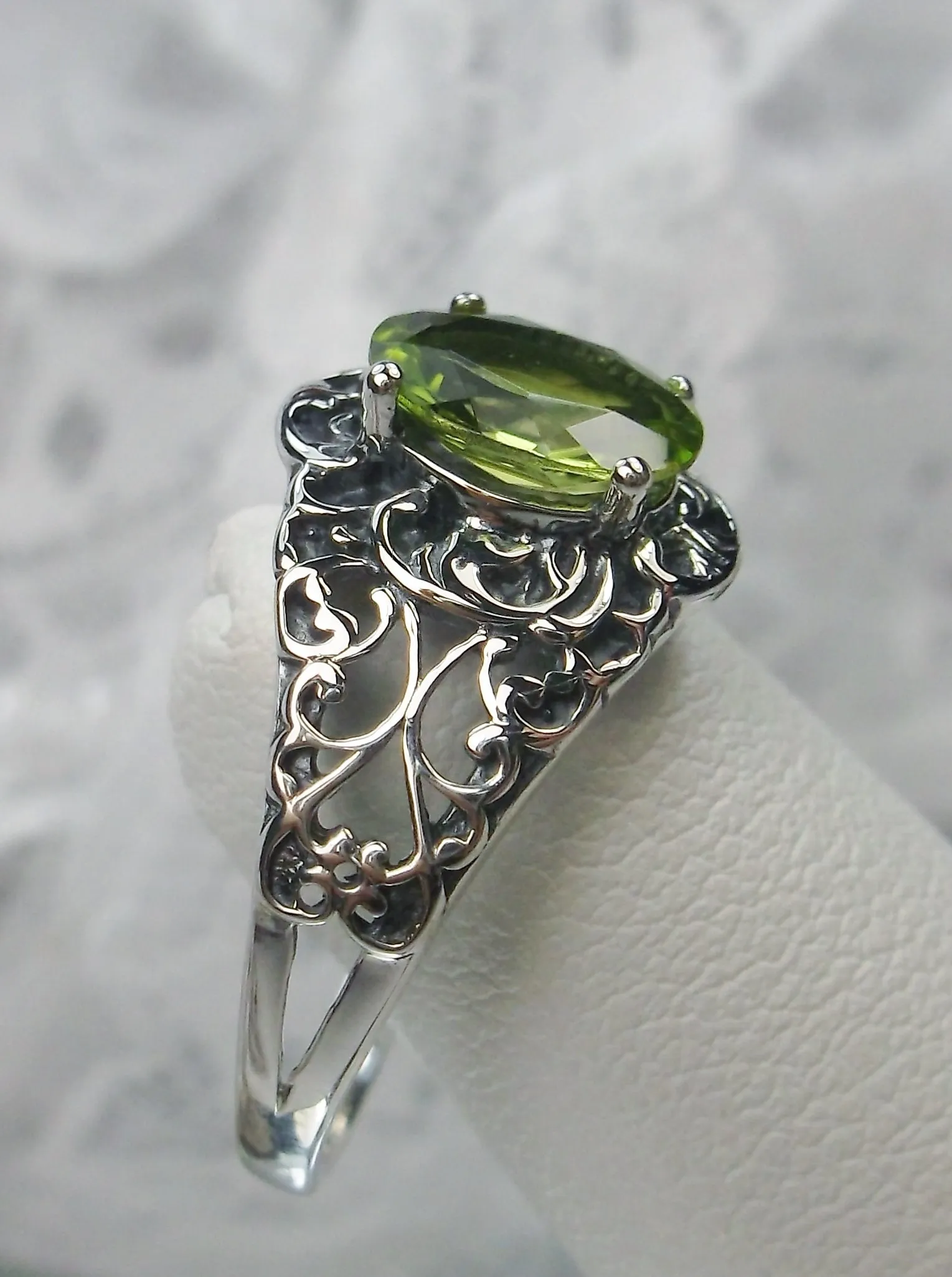 Natural Peridot Ring, Size 9, Sterling Silver Art Nouveau Jewelry #D14 - Ready to Ship