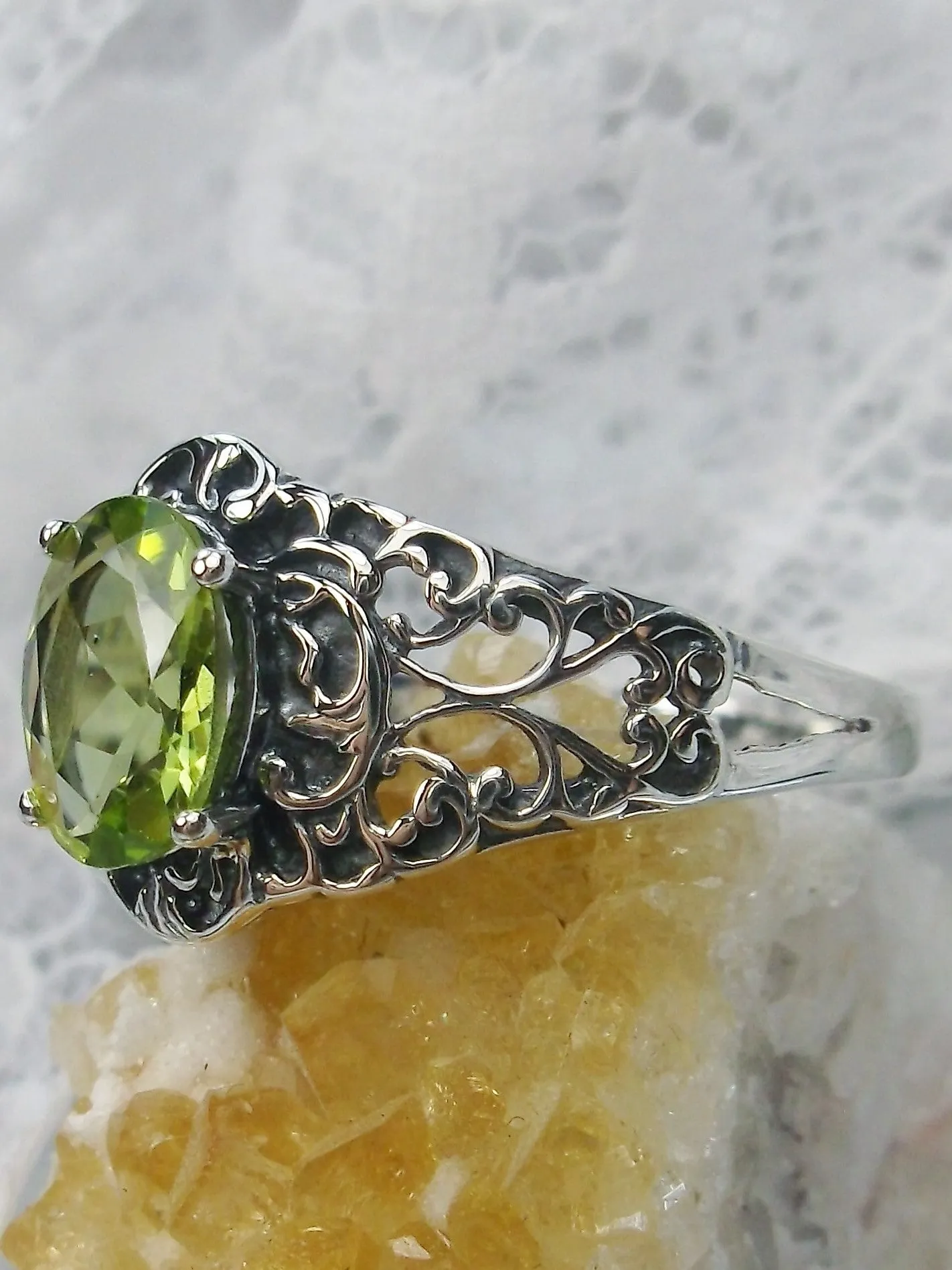 Natural Peridot Ring, Sterling Silver Art Nouveau Jewelry #D14