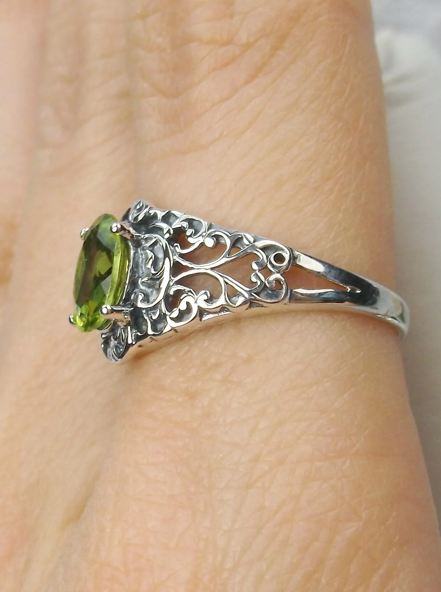 Natural Peridot Ring, Sterling Silver Art Nouveau Jewelry #D14